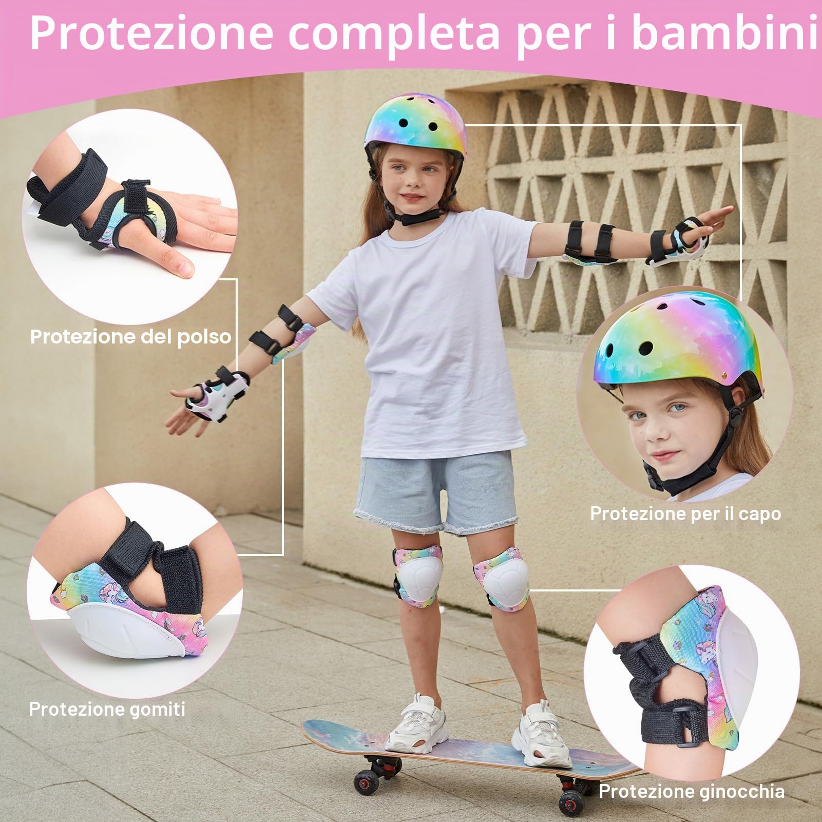 Unicorn Castle Set di Casco Protezione Bambini con Casco Regolabile Ginocchiere Gomitiere e Polsiere per Skateboard Pattini in Linea Bicicletta Protezione Bambina(3-8 Anni)