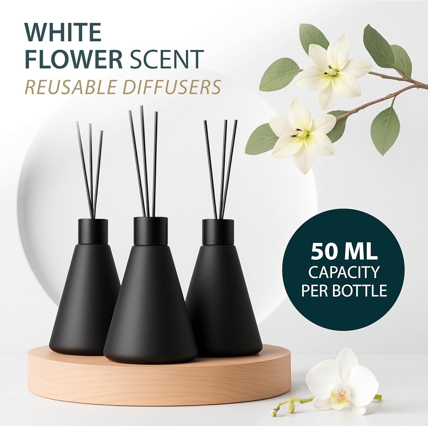 Mega Handles Reed Diffuser Sets (50ml) - 3 Pack White Flower Scent Bathroom Diffuser, Elegant Reed Diffuser for Shelf Decor, Decorative Air Freshener for Large Rooms - Matte Black - Image 3