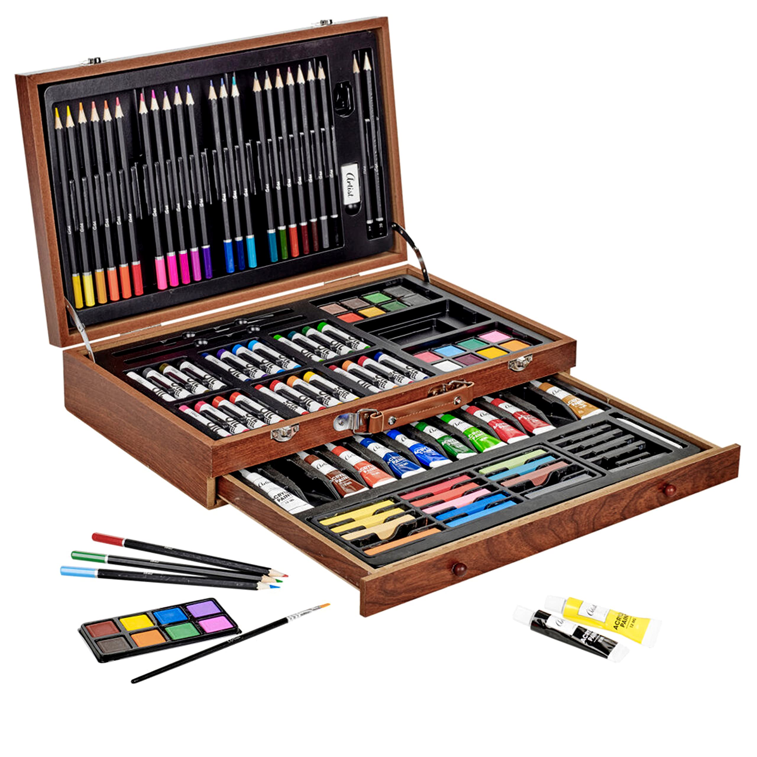 112 PCS Childrens/Kids Wooden Case Art Set Paint Pencil Crayons Pastels Artist Creative Gift Colouring Drawing Painting Kit