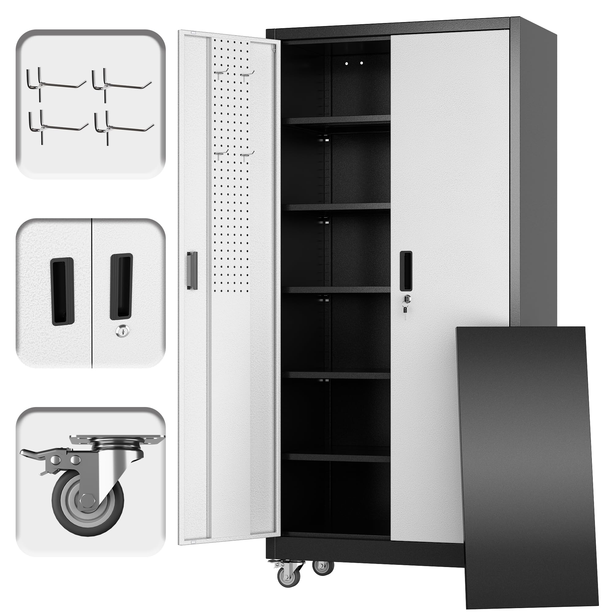 Aobabo Upgrade 71H''*34''W*18''D Metal Garage Storage Cabinet with Wheels and Pegboards, 5 Adjustable Shelves Steel Storage Cabinets for Home,