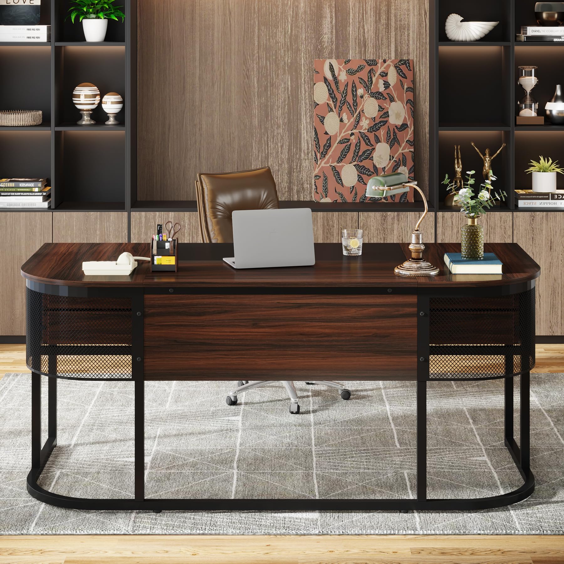 Tribesigns 63-Inch Executive Desk with 4 Drawers, Large Office Desk Computer Desk, Business Furniture Desk Workstation for Home Office, Dark Walnut