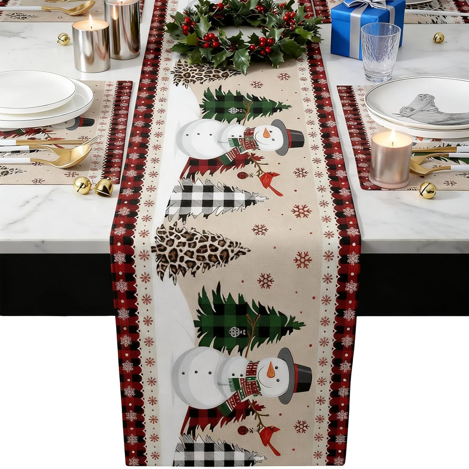 Christmas Table Runners, 33×180CM Christmas Linen Red and White Christmas Table Runner, with Snowman Christmas Tree Print, Farmhouse Style Dining Table Party Decoration for Christmas Holiday
