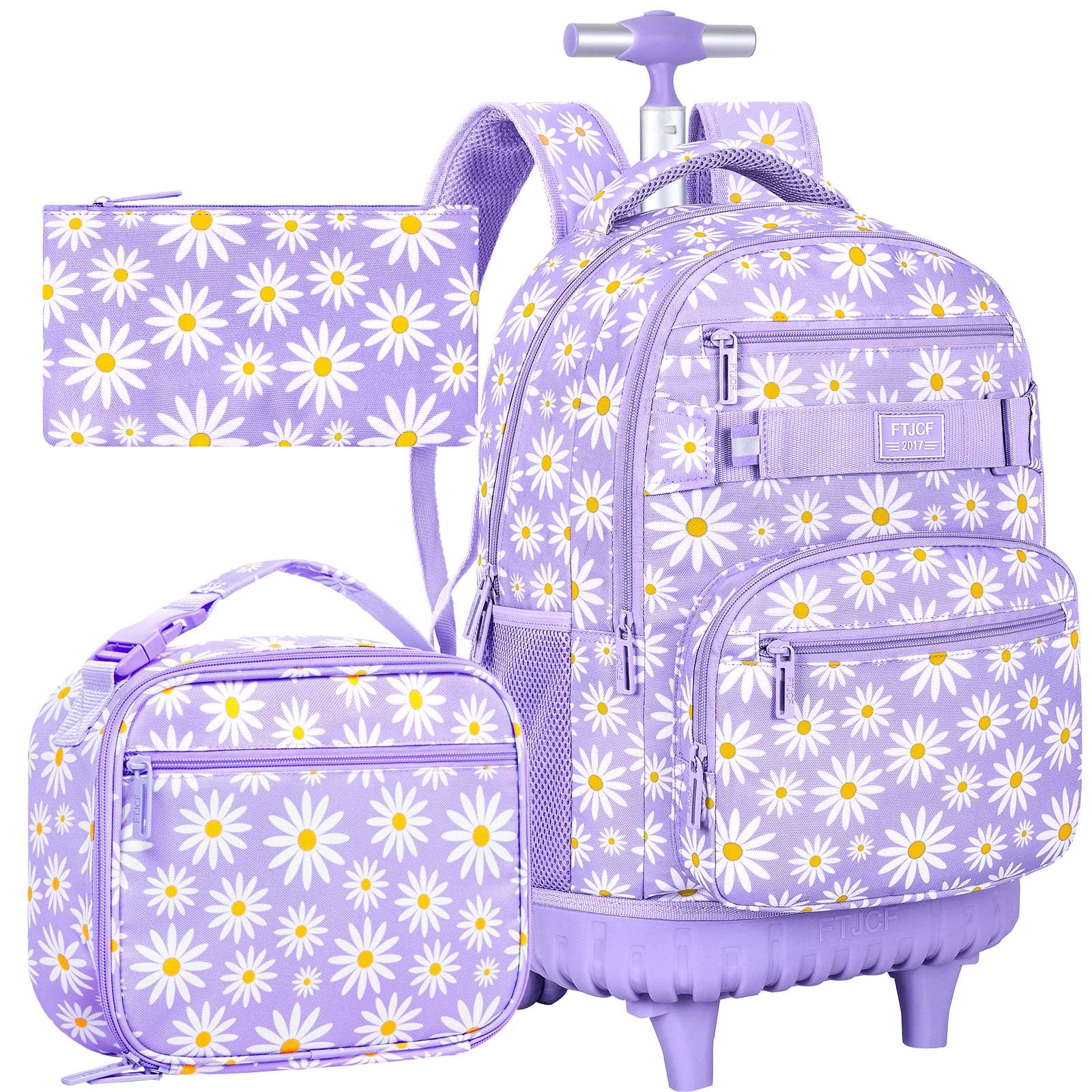AGSDON Rolling Backpack for Girls, Women Roller Wheels Bookbag, Laptop Daisy Wheeled School Bag with Wheels for Teens