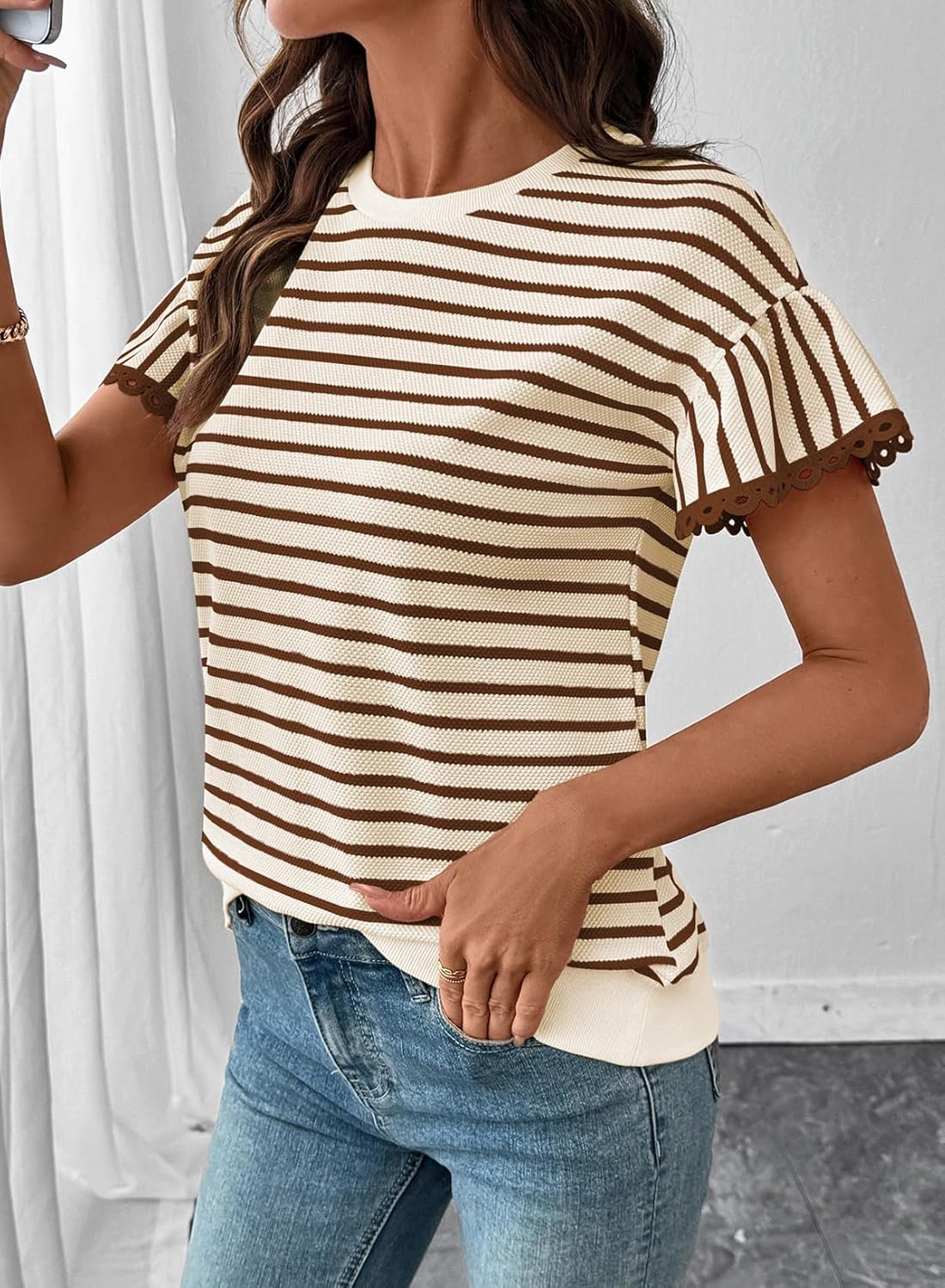 SHEWIN Women Summer Loose Fit Tops Trendy Rib Knit Stripe Shirt Business Dressy Casual 2026 - Image 2