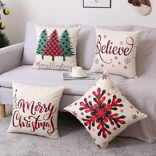 Miniatura 2 de Coeufuedy Juego de 4 fundas de almohada navideñas de 18 x 18 pulgadas, fundas de almohada de lino rústico para vacaciones, decoración navideña para