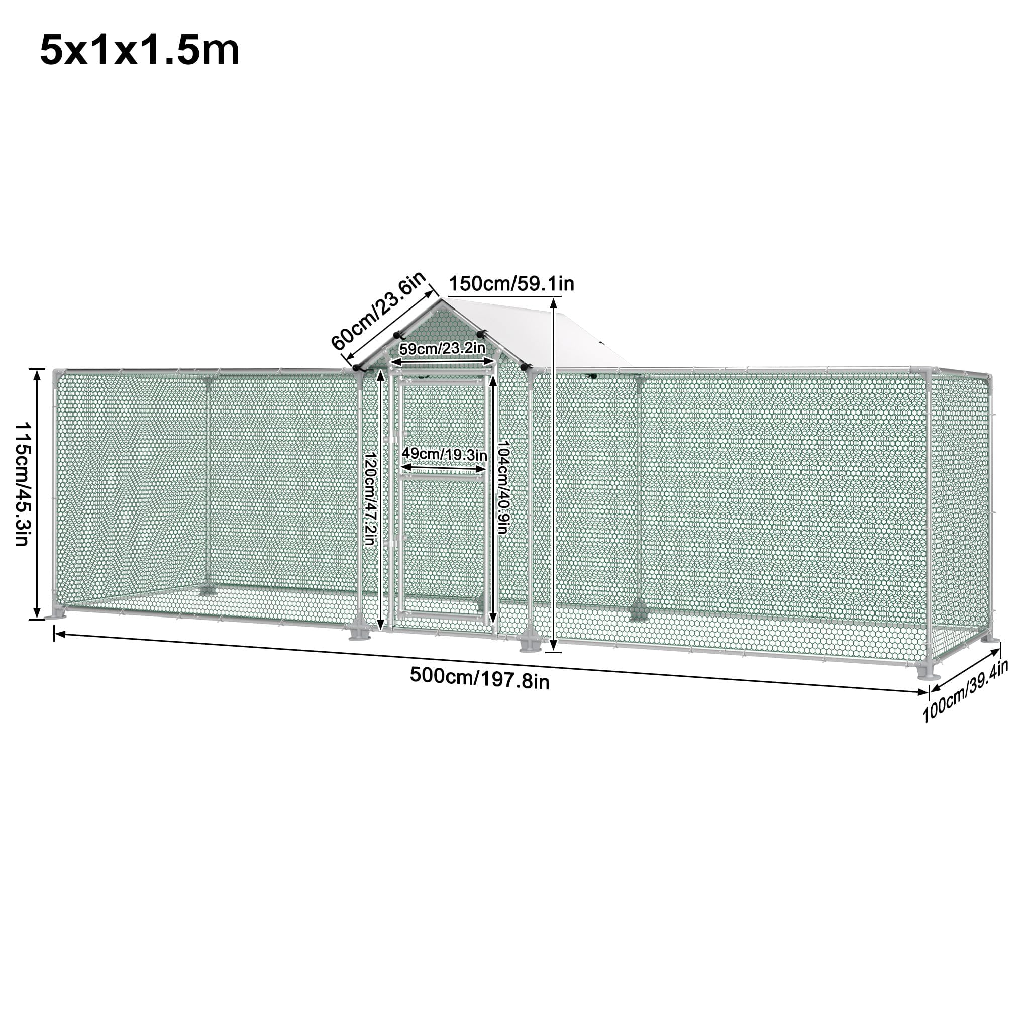 LZQ Hühnerstall 5x1x1,5 m Freilaufgehege, Winterfestes Hühnerhaus mit Verzinktem Stahlrahmen, Sonnenschutz-Dach, Tür & Riegel, Outdoor Chicken Run für Hühner, Enten, Kaninchen & Kleintiere