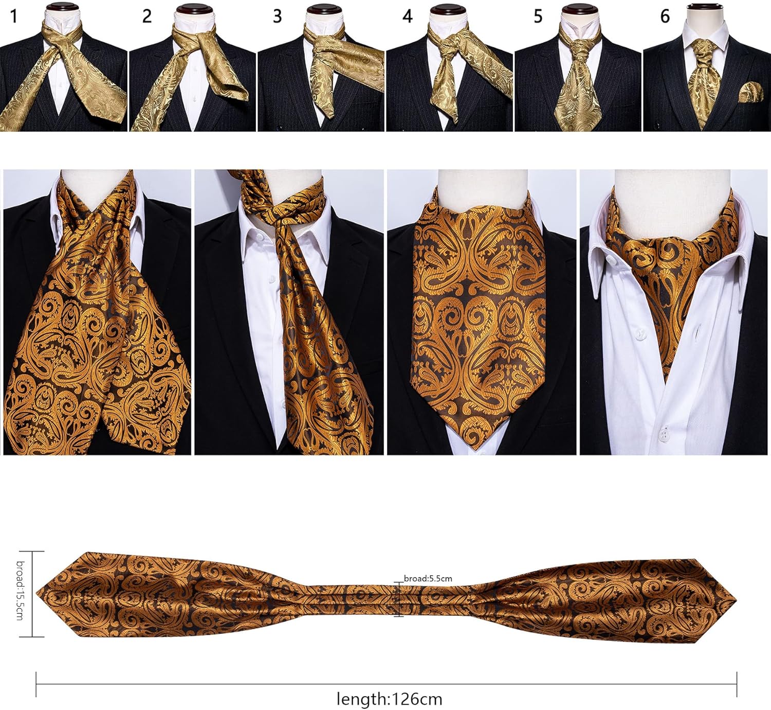 Barry.Wang Men's Ascot Paisley Floral Cravats Tie Lapel Pin Pocket Square Cufflinks 4PC Wedding Business Party Casual for Men - Image 5