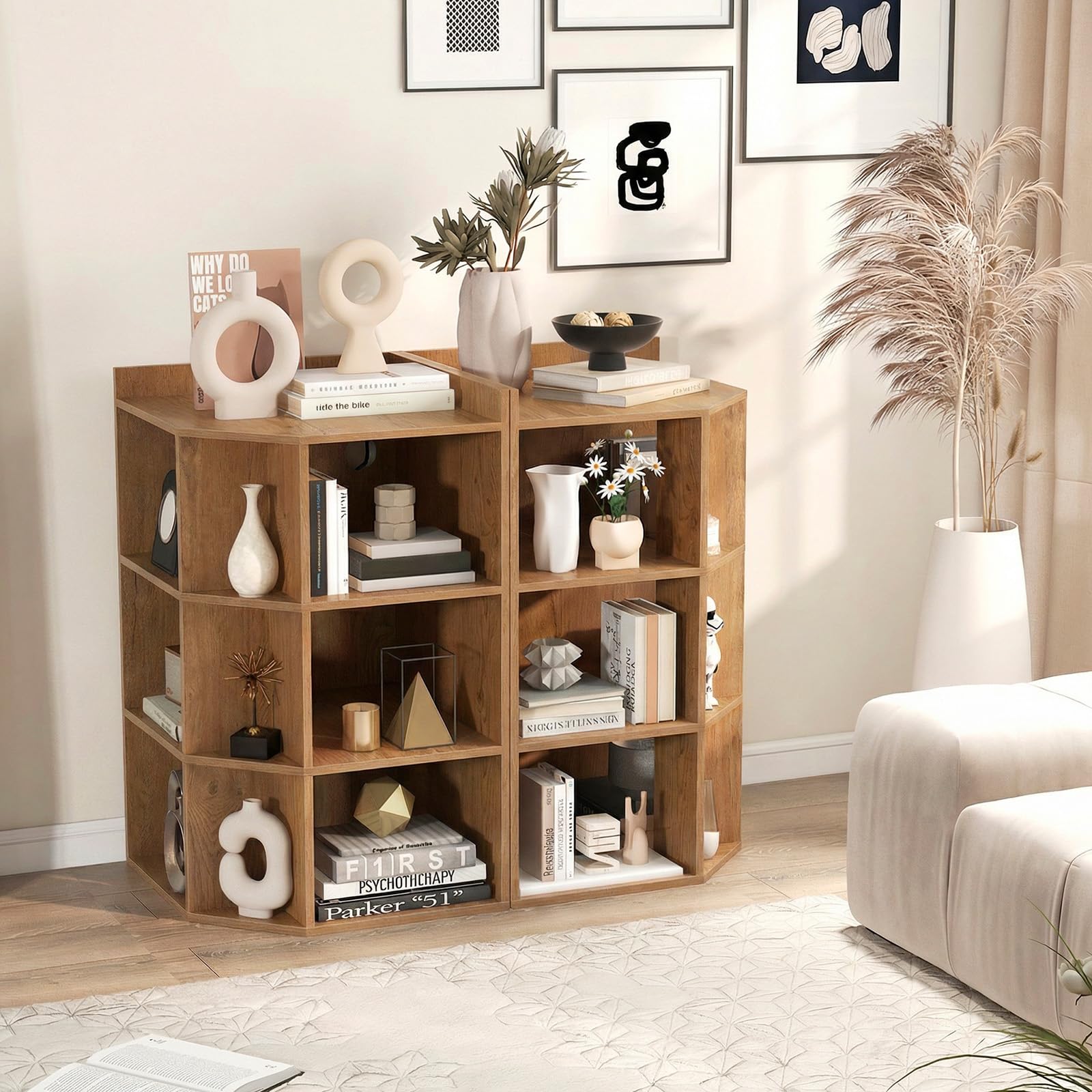 COSTWAY Armario Esquinero con Estación de Carga, Mueble Esquinero de 3 Niveles, 9 Cubículos, Mueble Esquina Dormitorio Salon Cocina, 51 x 71,5 x 86 cm (Natural)