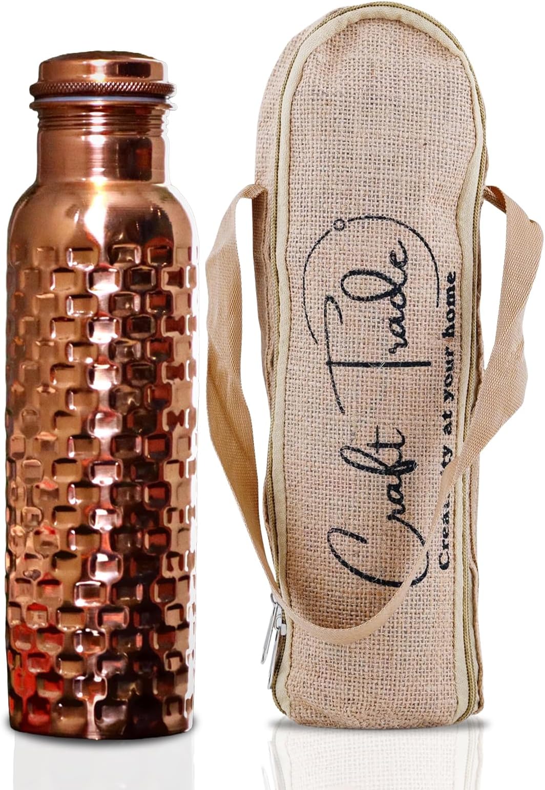 Craft Trade Copper Water Bottle Pure Copper Bottle with Lid and Carry Bag Leak Proof BPA Free Brick Drinking Bottle for Sport Fitness and Yoga - 1 Litre Natural