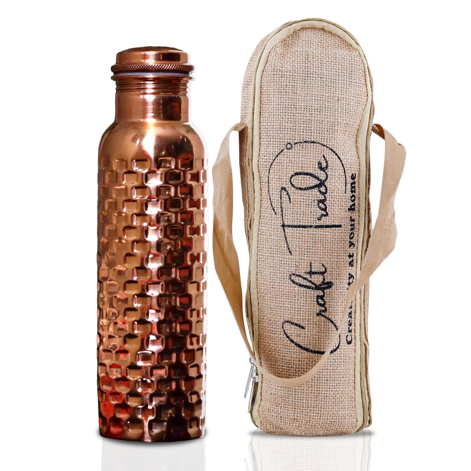 Craft Trade Diamond Pure Copper Bottle with Lid and Carry Bag for Drinking Water BPA Free Leak Proof Boosts Immunity, Supports Digestive & Liver Health, Ayurveda Inspired 34oz - 1 Litre Natural