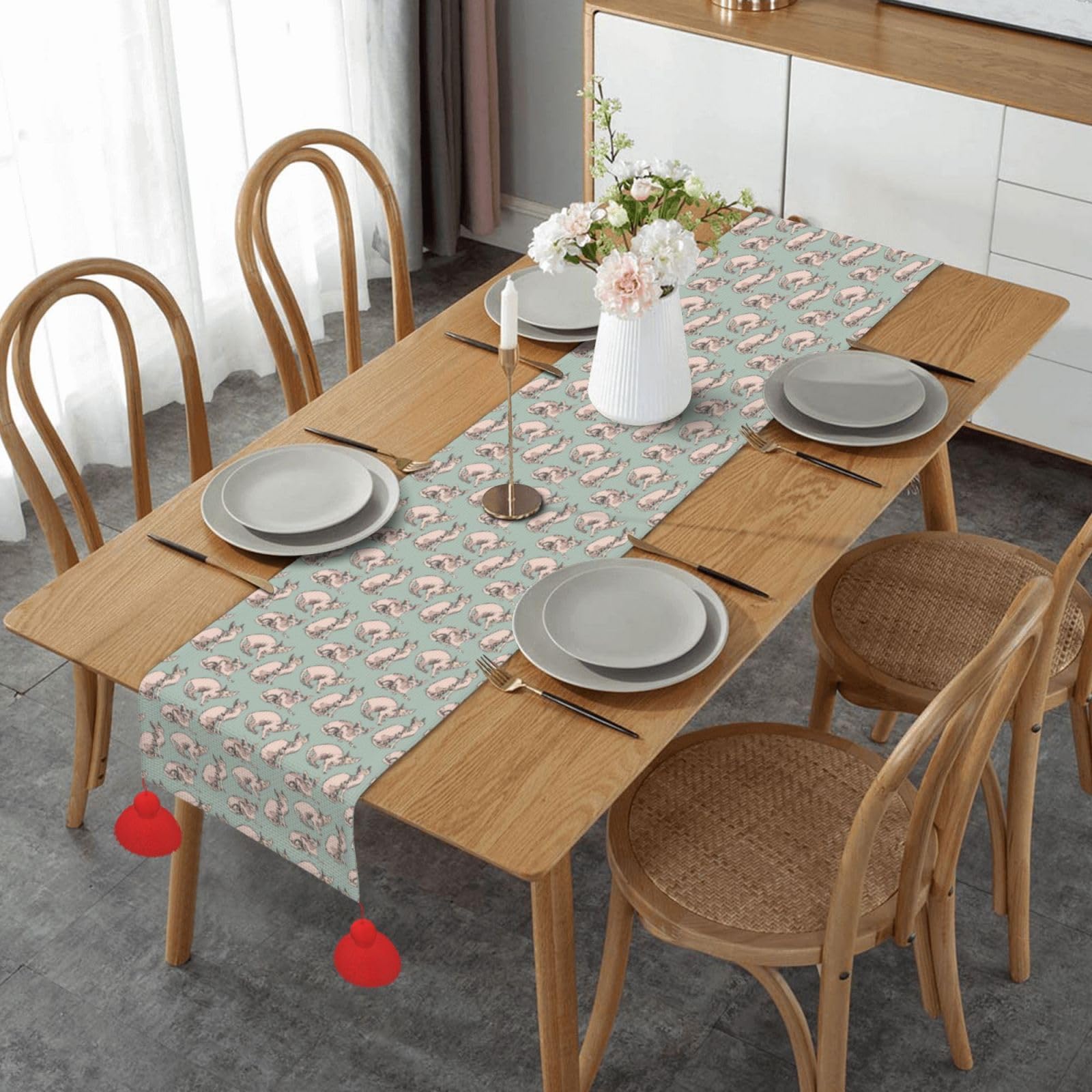 Chemin de table de Noël chat kawaii et sans poils avec pompon pour cuisine 35x152 cm