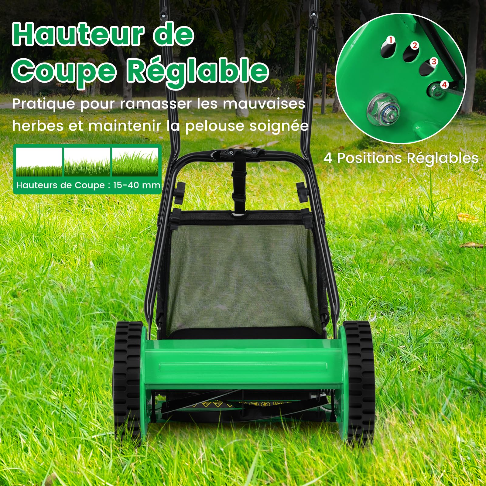 COSTWAY Tondeuse à Gazon Manuelle à Lame avec Largeur de Coupe de 30 cm, Hauteurs de Coupe Réglables de 15 à 40 Mm, Bac de Ramassage de 18,5 L 2 Roues Antidérapantes (Vert)