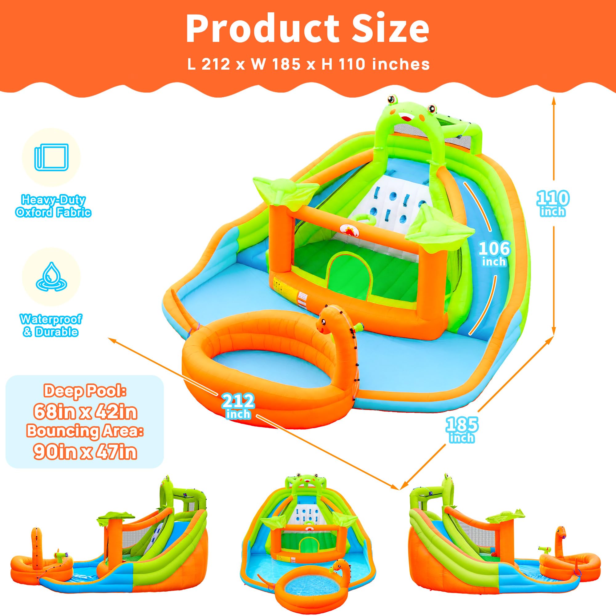 WELLFUNTIME Parque inflable de doble tobogán acuático con soplador, castillo inflable con cañón de agua, piscina de dinosaurios, castillo de rana, pared de escalada, aro de baloncesto, parque acuático