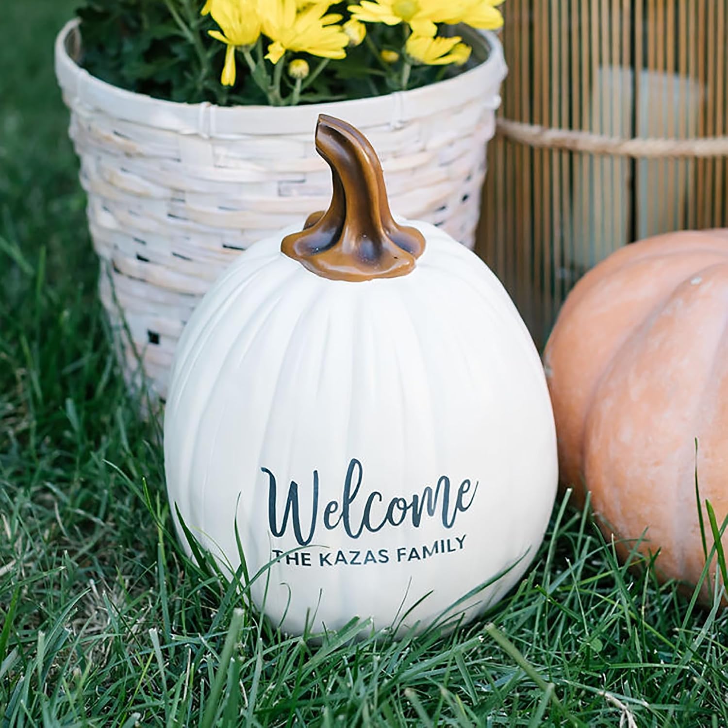 Personalization Universe Seasonally Script Personalized - Fall, Halloween, Thanksgiving Home Decor - Indoor/Outdoor, Lantern Decor, Table Centerpiece, 9" H, Pumpkin Decorations - Large Cream