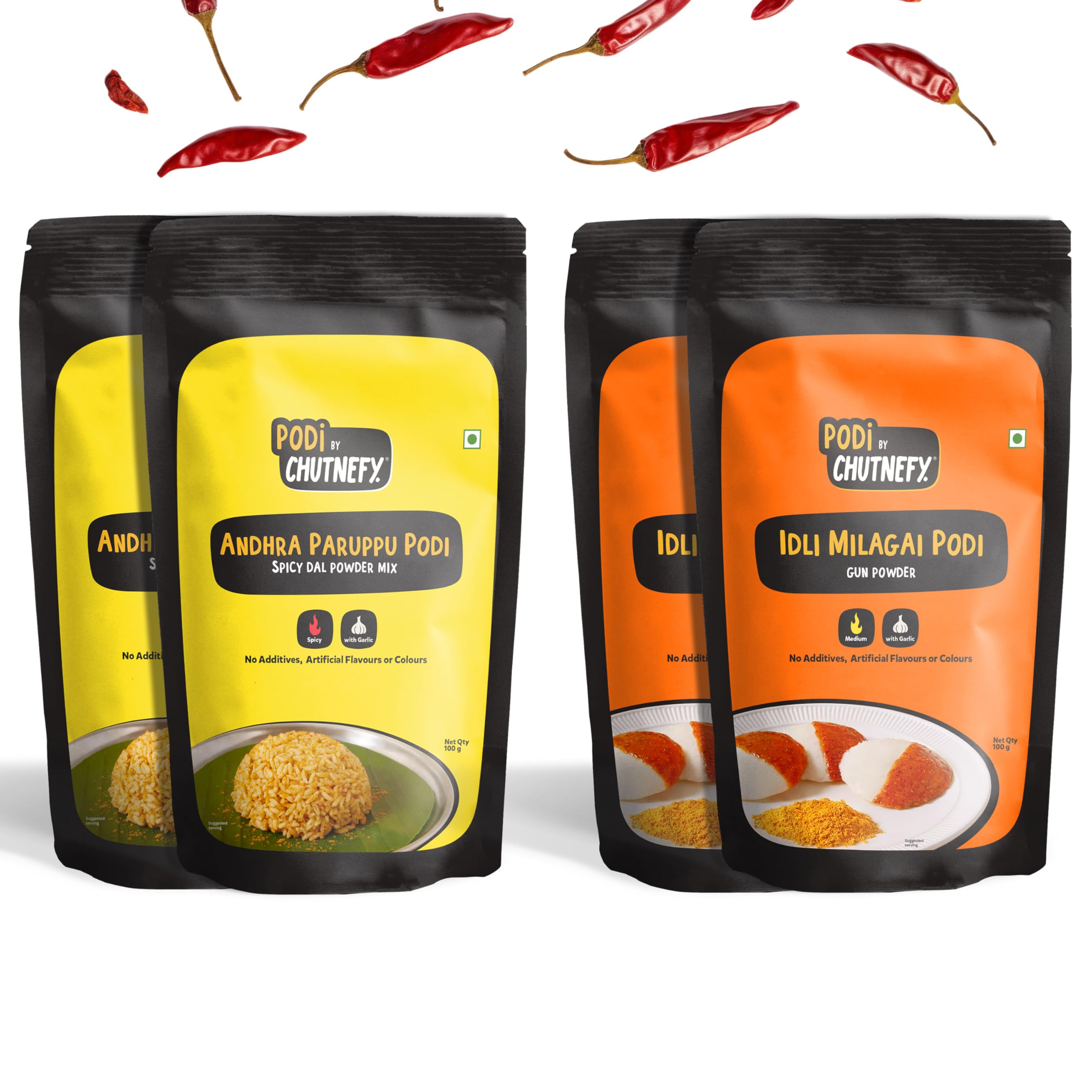 Chutnefy Andhra Paruppu (Spicy Dal) & Idli Milagai (Mirch/Gunpowder) Podi (With Garlic) | 100% Natural | Pack of 4 * 100gms (Dry/Reusable Pack) | Enjoy with Ghee or Sesame Oil | No Preservative