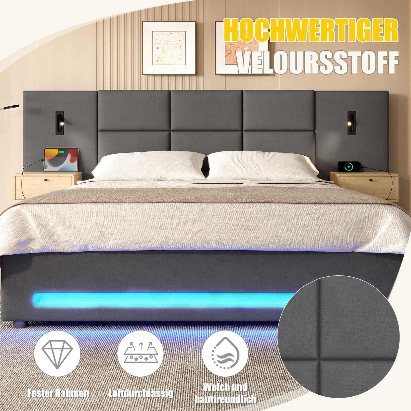 PUGSDRLY Lit 180x200 avec Sommier à Lattes Solide,Lit Coffre 2 Personnes Rembourré avec Tiroirs de Chevet,LED Réglable,Port USB-C,Stockage Hydraulique,pour Ados Adultes(Gris foncé)