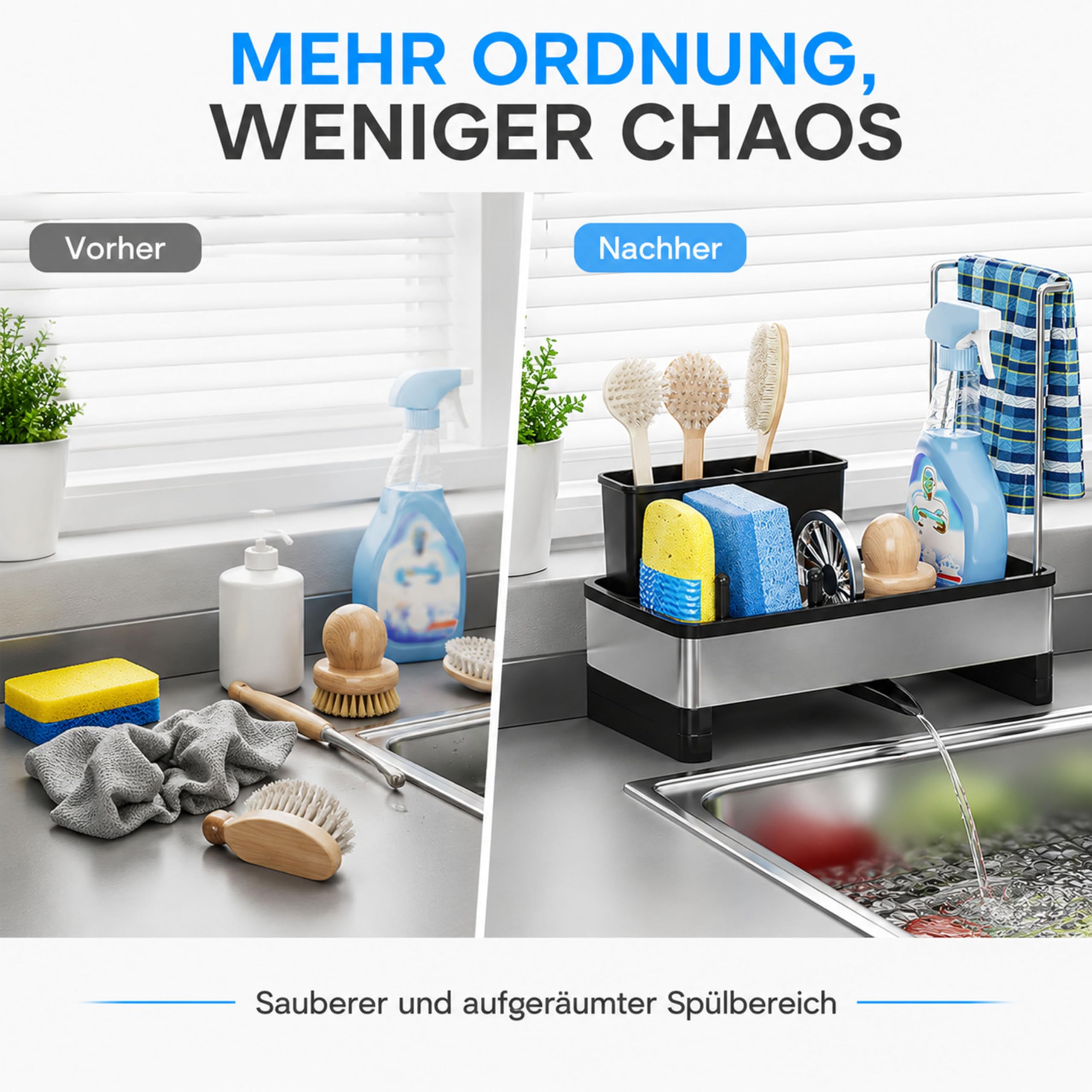 URMONA Spülbecken-Organizer Edelstahl mit Ablaufwanne und Spültuchhalter | Schwammhalter Küche, Spülmittelhalter und Bürstenablage, Küchenutensilien Aufbewahrung, Ordnung für die Arbeitsplatte, Grau