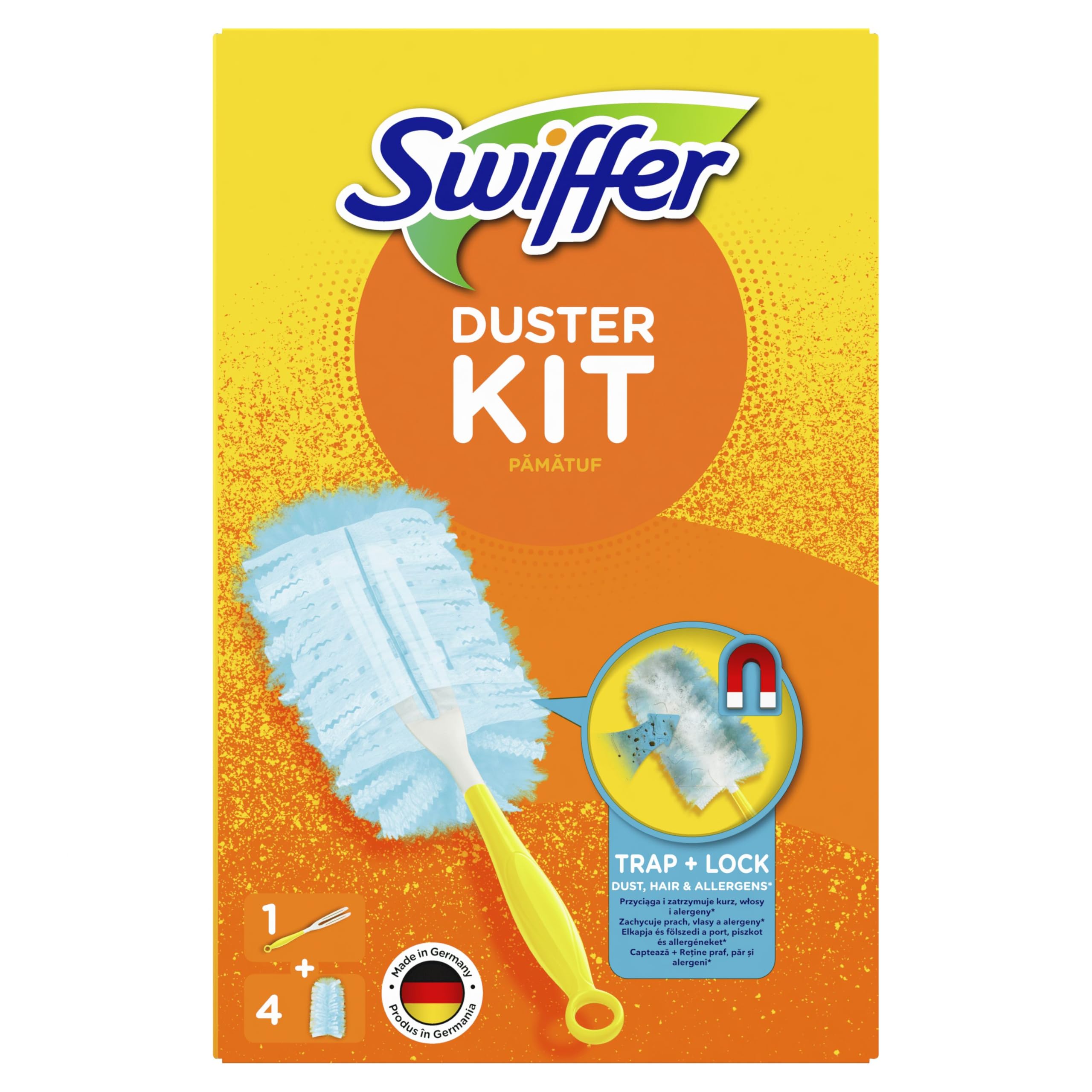 Swiffer zestaw do usuwania kurzu zawierający 1 rączkę oraz 4 miotełek do kurzu, przyciąga i zatrzymuje nawet 3 razy więcej kurzu i włosów niż tradycyjna miotełka do sprzątania