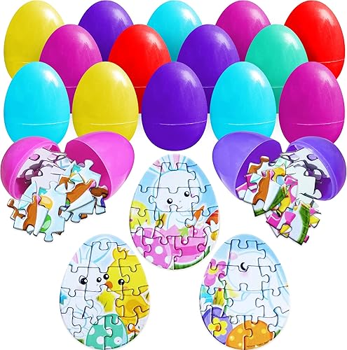 ArtCreativity Huevos de Pascua prellenados con rompecabezas en el interior, juego de 24 huevos sorpresa coloridos para niños con rompecabezas -