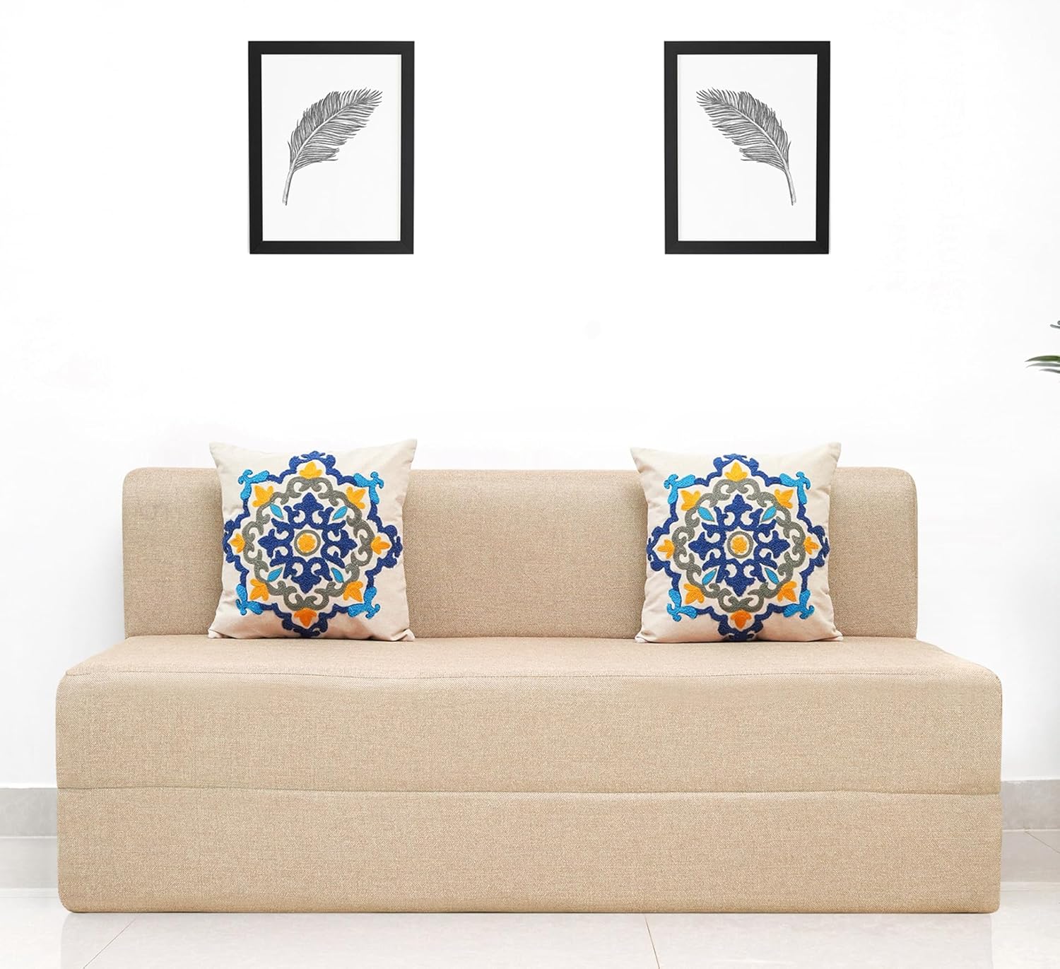 uberlyfe 3 Seater Sofa Cum Bed | Jute Fabric Washable Cover | 2 Cushions Blue Medallion Pattern | Beige | 5′ X 6′ Feet uberlyfe 3 Seater Sofa Cum Bed | Jute Fabric Washable Cover | 2 Cushions Blue Medallion Pattern | Beige | 5′ X 6′ Feet