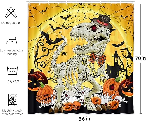 Miniatura 5 de Divertida cortina de ducha de Halloween, diseño de calavera gótica, esqueleto de dinosaurio, calabaza malvada para niños y niñas, juego de cortina
