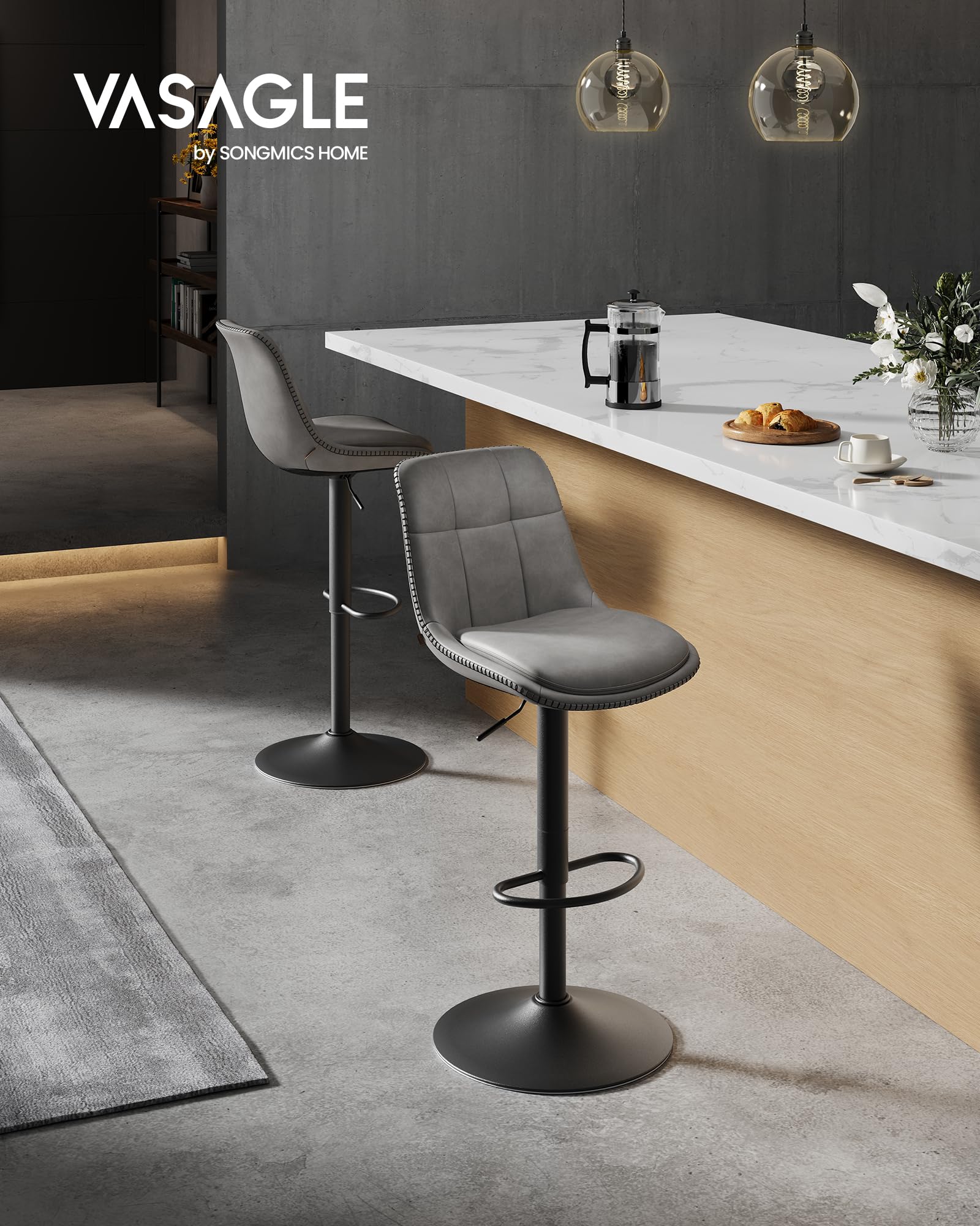 VASAGLE Barhocker 2er Set, Barstühle höhenverstellbar, drehbare Küchenhocker, PU-Bezug, mit Rückenlehne und Fußstütze, Esszimmer, Theke, Stahl, höhenverstellbar 65-85,5 cm, grau-Mattschwarz LJB095G01
