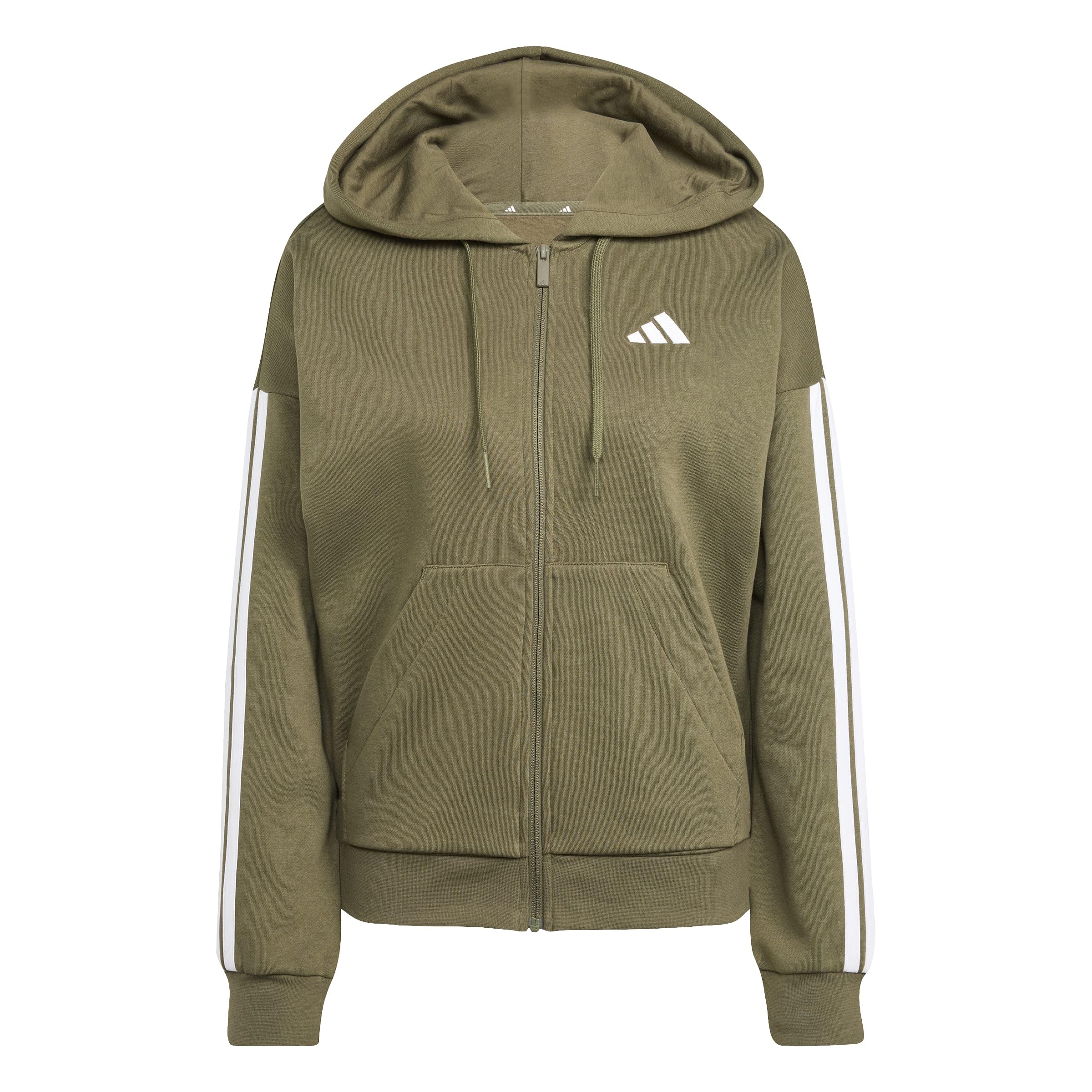 adidas Women's ESSENTIALS 3-STRIPES FULL-ZIP FLEECE HOODIE, olive strata/white, L
