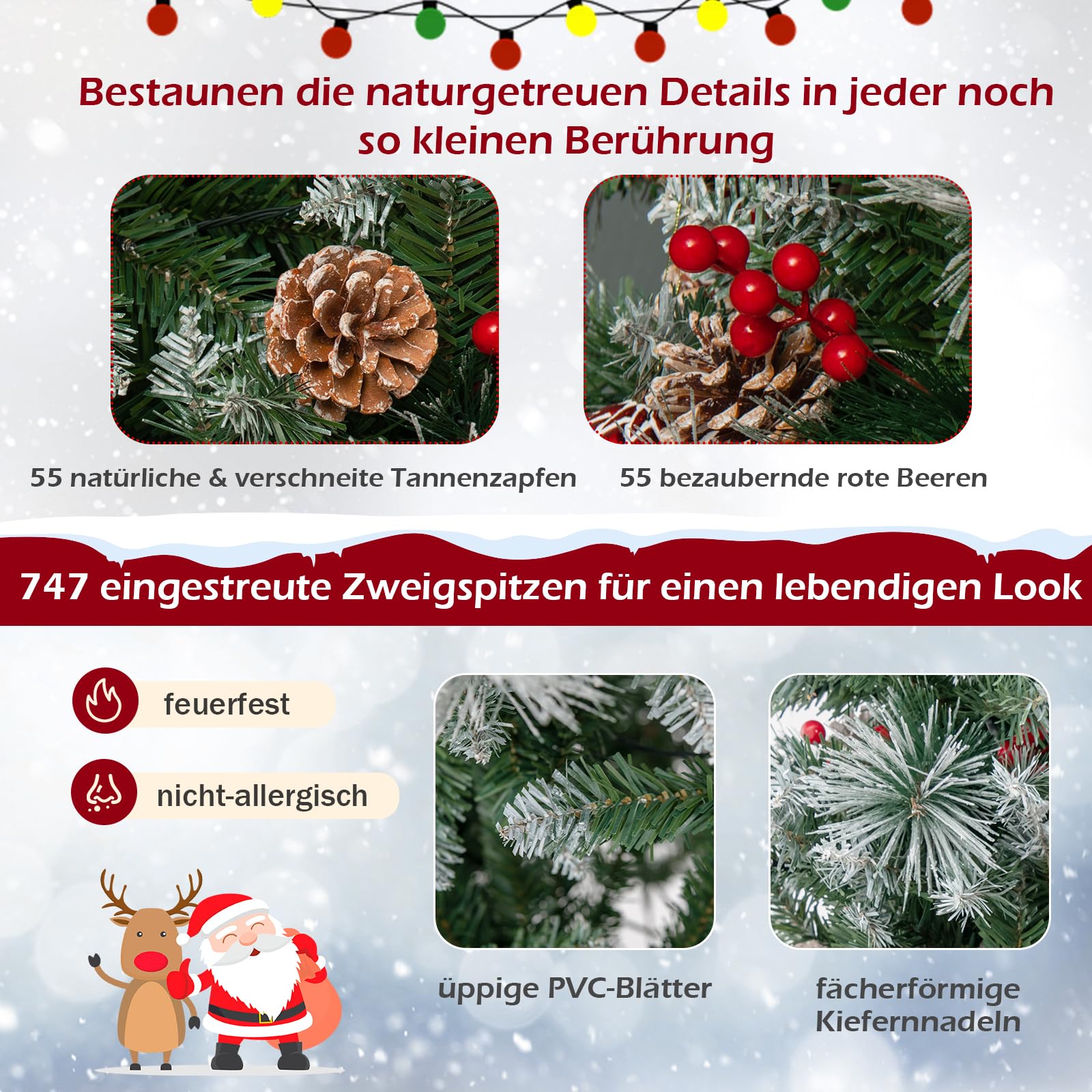 COSTWAY 180/210cm Künstlicher Weihnachtsbaum LED, beleuchteter Tannenbaum mit Kiefernzapfen & roten Beeren & Metallständer, 11 Lichtmodi, Christbaum PVC Kunstbaum Weihnachten, grün+weiß (180cm)