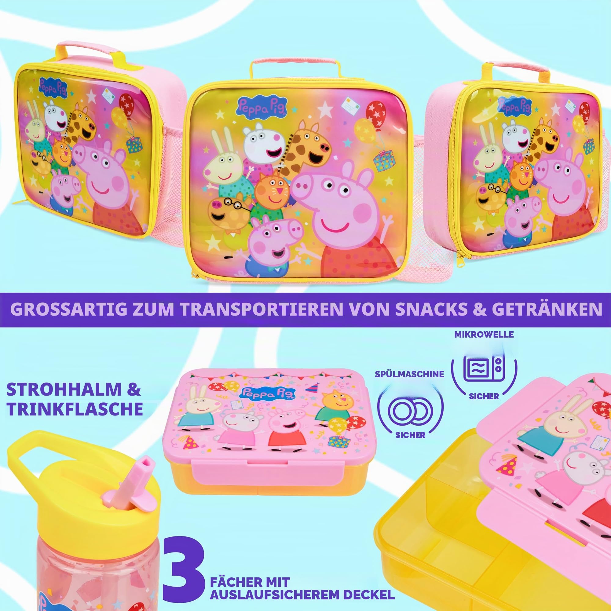 Get Trend Peppa Wutz Lunchtasche Kinder Set 3 Tlg. mit Trinkflasche, Lunchbox mit Fächern und Isolierte Snack Tasche, für Schule, Kita und Vorschule (Multi Peppa Pig)