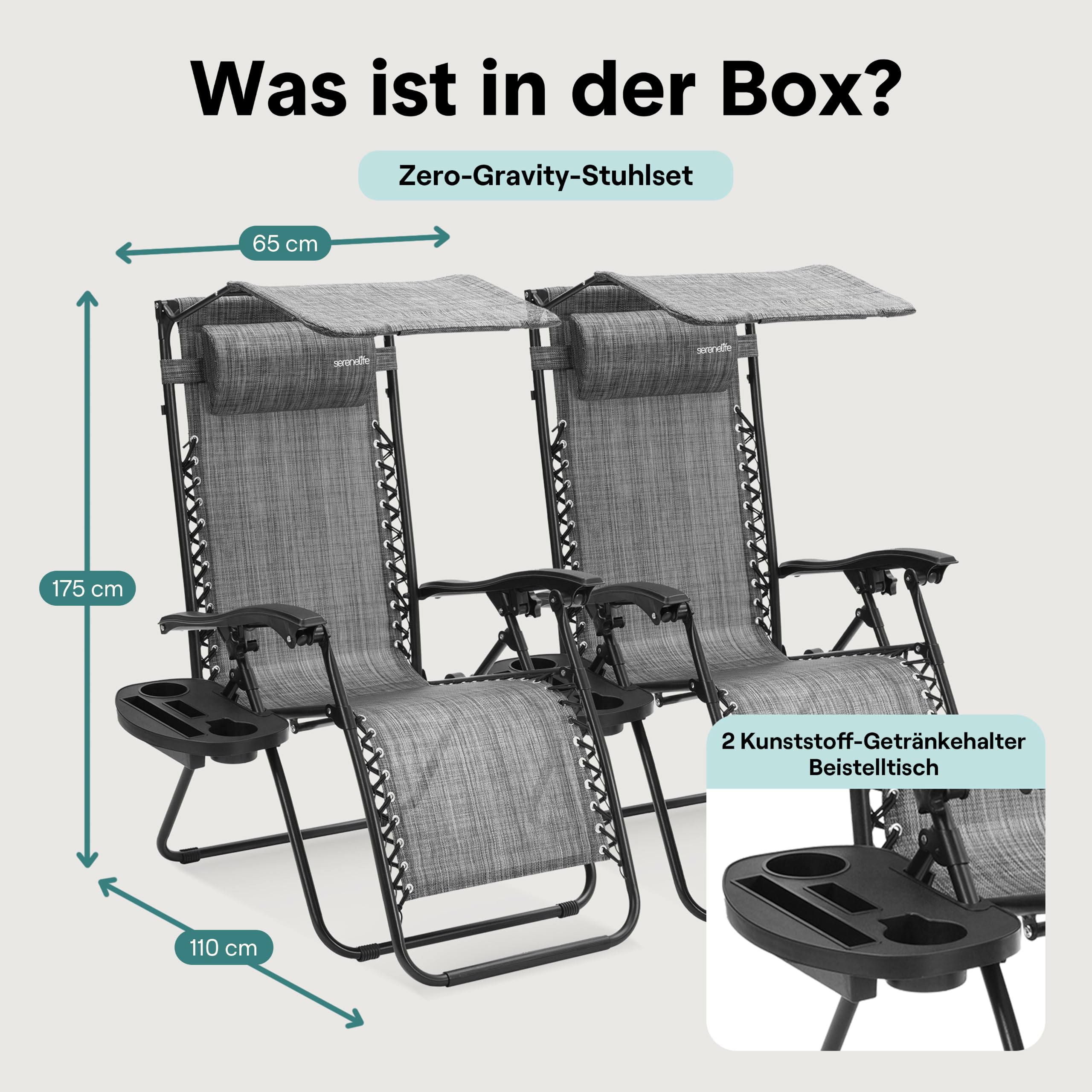 SereneLife Sonnenliege Klappbar 2er Set, mit Sonnendach, Liegestuhl für Garten und Balkon, bis 120 kg, Grau, Verstellbar und Wetterfest, mit Getränkehalter und Kopfstütze, für Strand Camping Relax