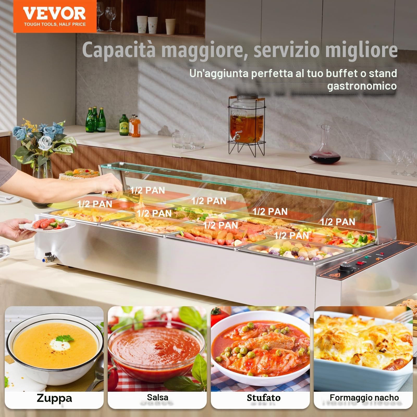 VEVOR Scaldavivande Commerciale con 8 Recipienti (8,8 L / 1/2 Dimensioni Ciascuno) Tavolo a Vapore Elettrico con Copertura in Vetro 1700 W Scaldavivande da Tavolo, Controllo della Temperatura 30-85 °C