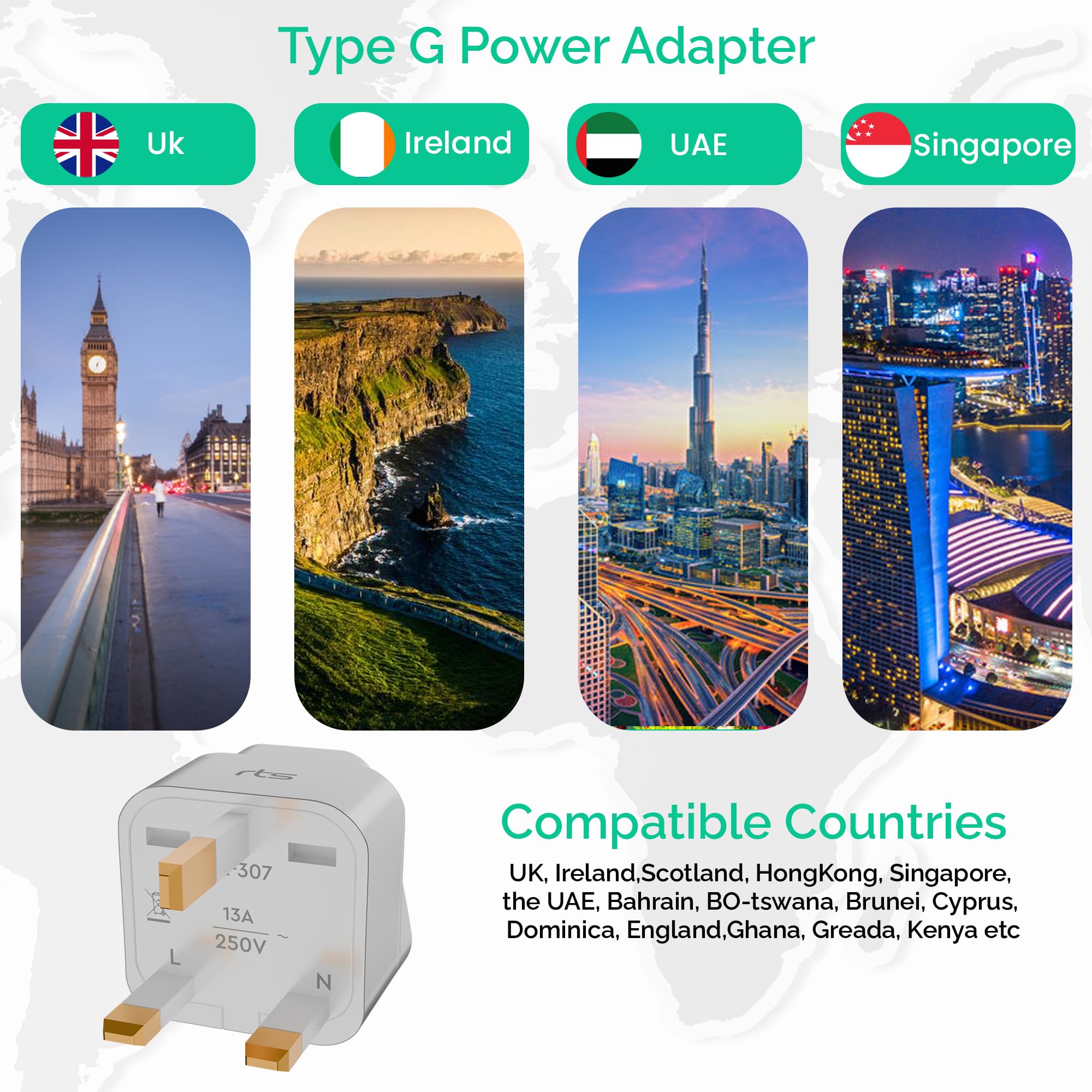 rts UK Adapter for Indian Pins, India to UK UAE, Hong Kong, Dubai, UK Power Adapter Converter- Type G - Perfect for Laptop, Camera, Phones, Chargers, iPhone, tablets, Bluetooth speakers White (1 Pack) — Amazon image 7