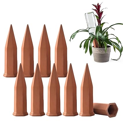 Modern Innovations Ceramic Terracotta Self Watering Spikes (10 Pack) Vacation Automatic Plant Waterer Devices, Indoor/Outdoor Planter Insert, Terra-Cotta Stakes for Potted Plants, Auto-Water System