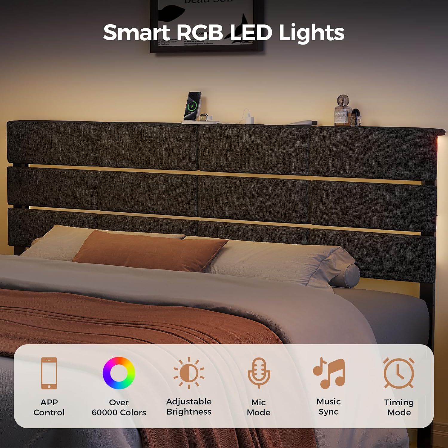 King/Cal King Size Upholstered Headboard, Adjustable Head Boards with LED Light & Charging Station, Bed Headboard Only, Attach Frame, Ideal for Bedroom, Dorm, Guest Room, Dark Grey