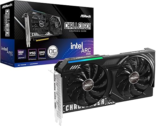 ASRock Intel Arc B580 Challenger 12GB OC Graphics Card, Intel Xe2-HPG, 12GB GDDR6, PCIe 4.0, Dual Fans, 0dB Silent, LED Indicator, DisplayPort 2.1, HDMI 2.1a