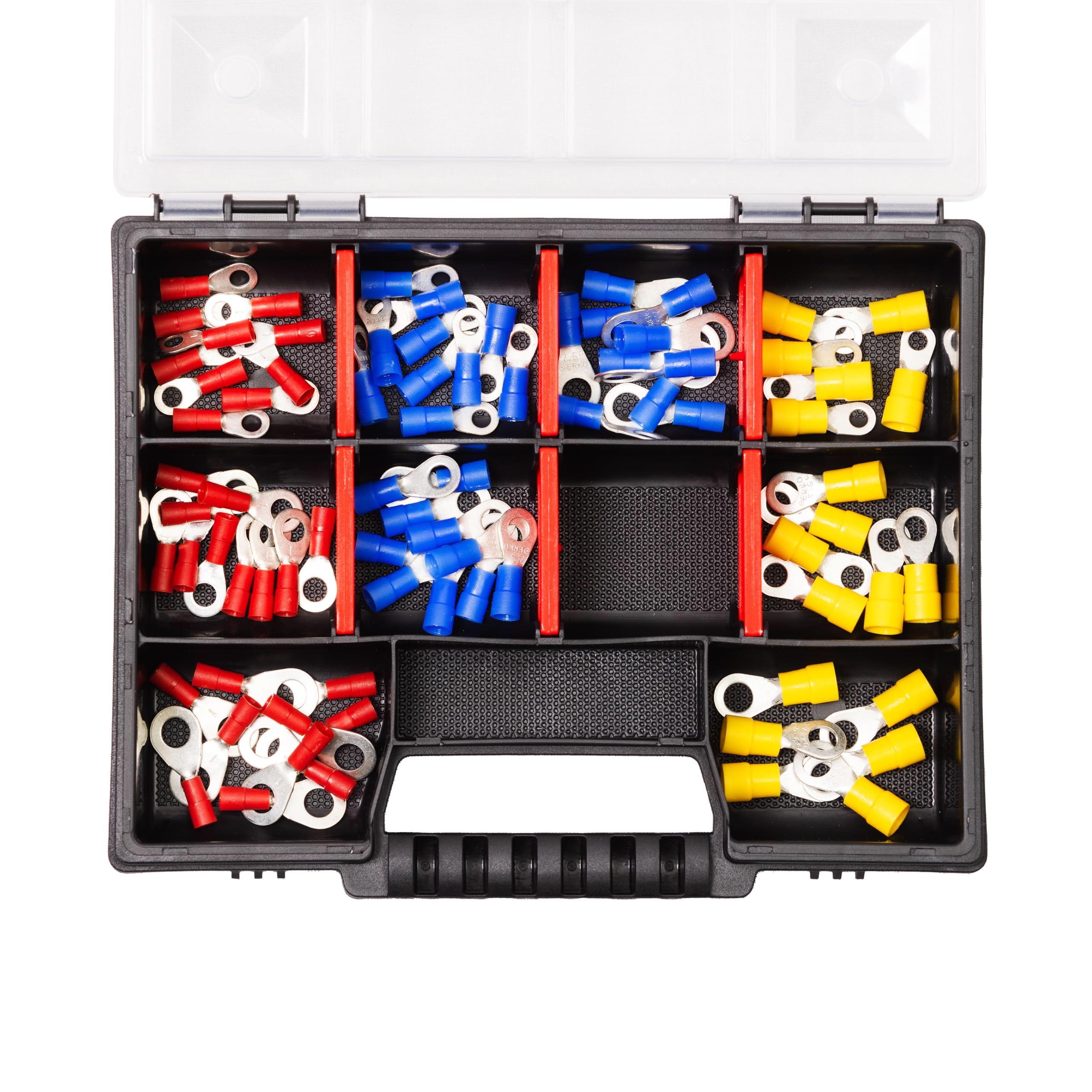 Kit de bornes professionnels ERKO 72 pièces, kit de bornes à anneau isolés, 9 tailles, section transversale de 0,5-6mm2, taille de vis M4/M5/M6, fabriqués selon les normes.