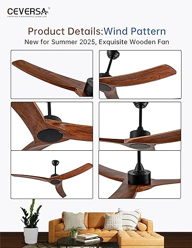 Miniatura 3 de Ventilador de techo de madera maciza de 60 pulgadas, sin control remoto, gran ventilador de techo de madera real para exteriores, sin luz, 3 aspas