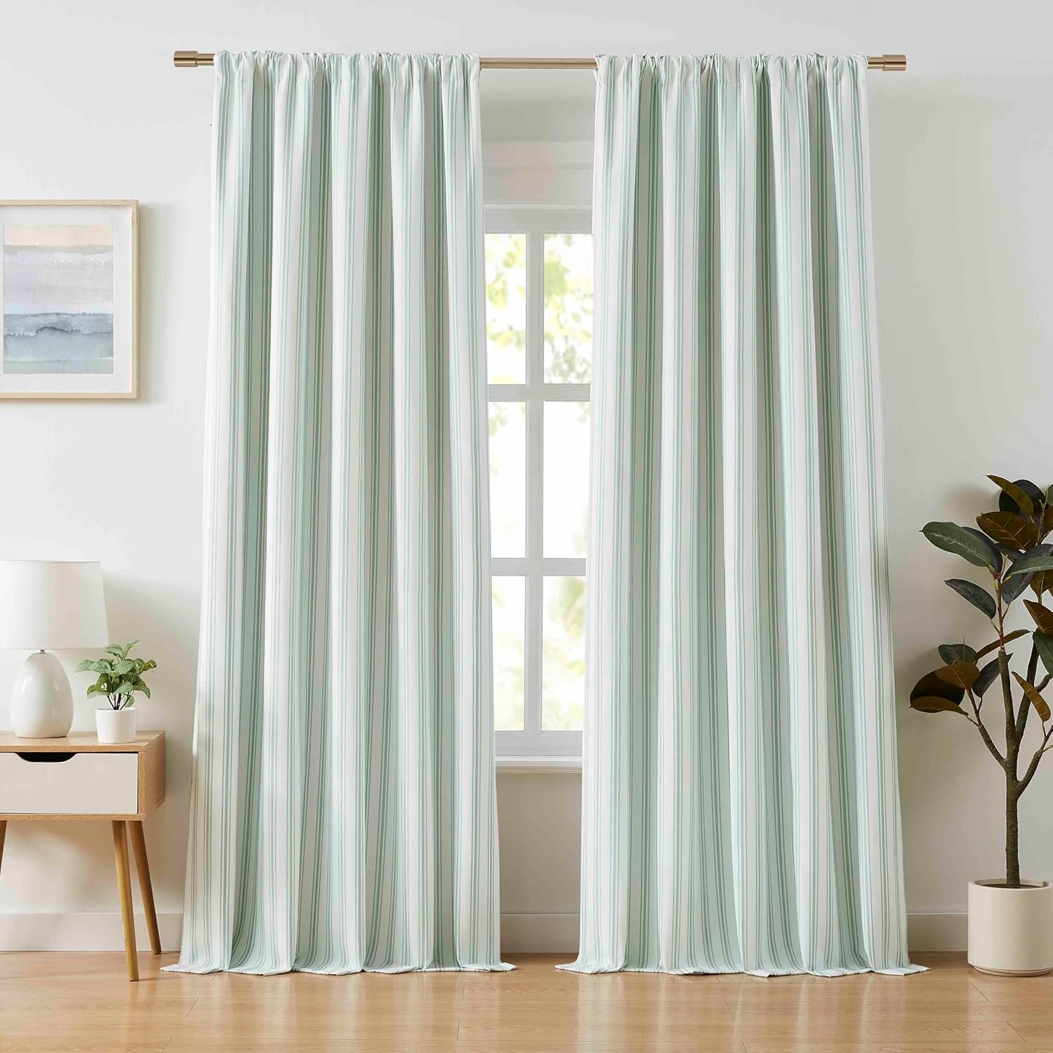 ZJDECOR Cotton Blend Full Blackout Stripe Curtain Panels,Green White Modern Drapes for Bedroom Living Room,Thermal Insulated Window Treatment,Back Tabs Rod Pocket,55" Wx95 L(Pack of 2)