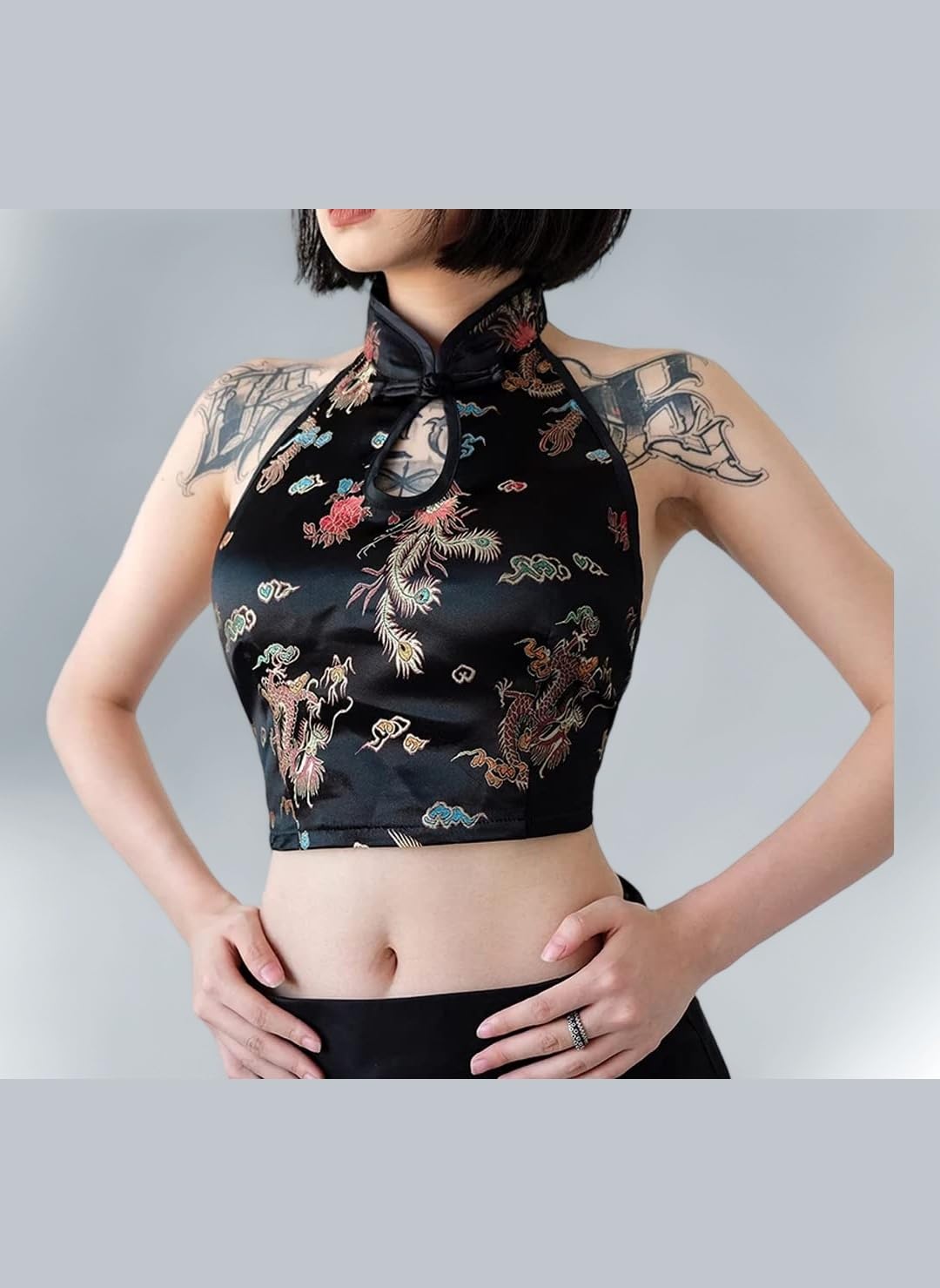 Women's Sleeveless Halter Tie Embroidery Crop Cami Shirt Top Chinese Cheongsam Short top