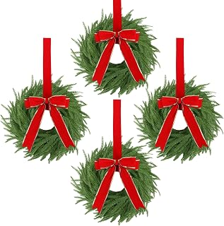 4 Pcs Christmas Wreaths for Front Door, 15 Inch Fluffable Artificial Norfolk Pine Wreath with Red Bow, Easy to Shape for Full & Lush Look, Indoor Outdoor Holiday Decor