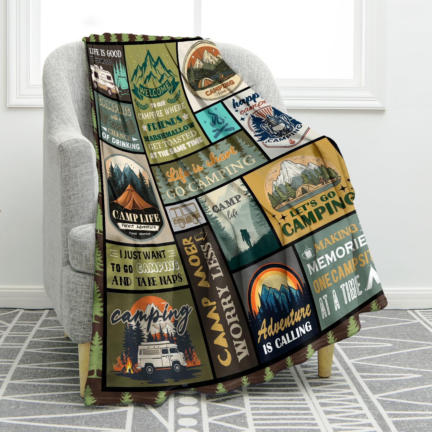 Jekeno Camping Gifts Ideas for Women Men, Soft Flannel Outdoors Throw Blanket for Boys Girls RV Owners, Unique Gifts for Camping Lovers Traveling Hiking Picnic Beach Party