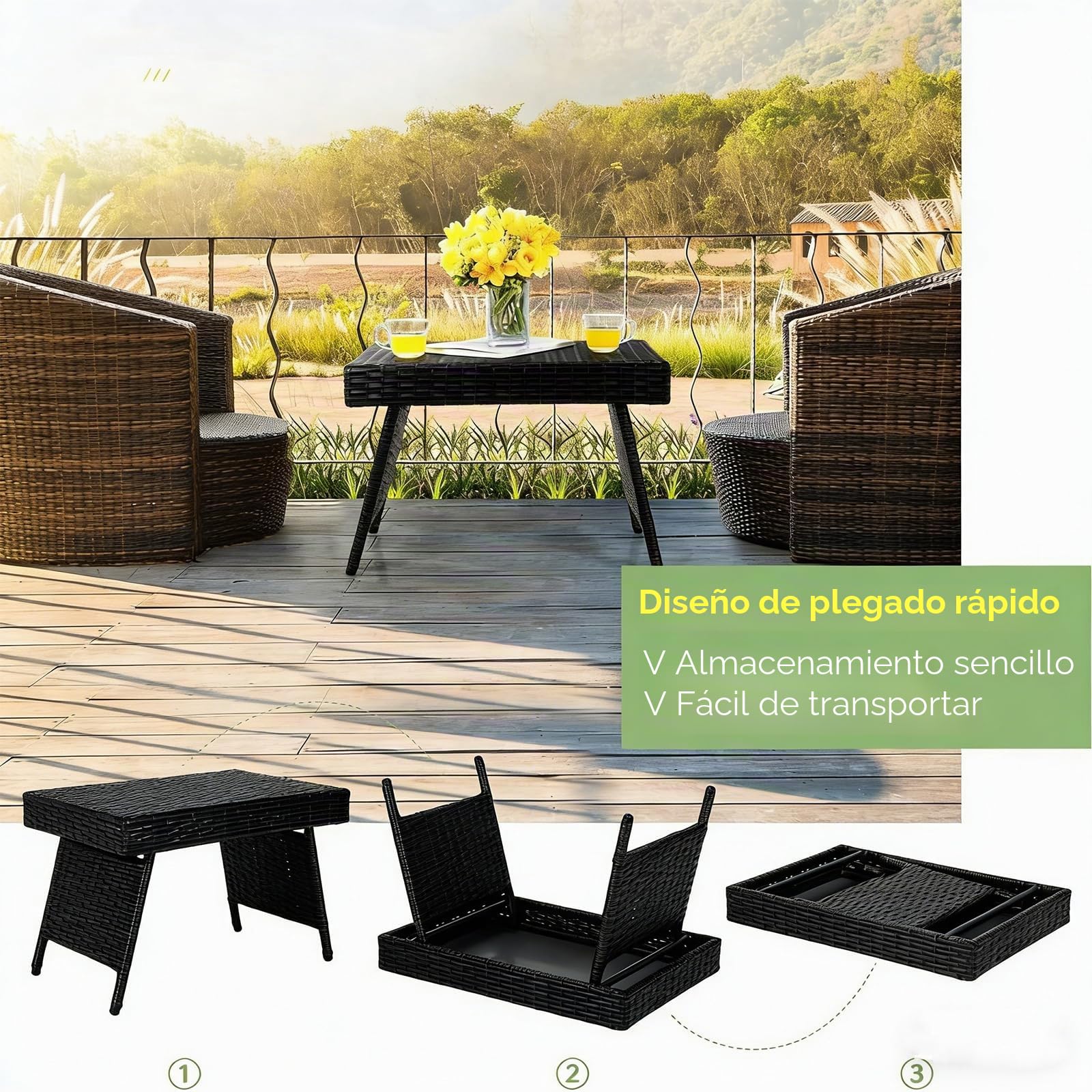 LIFEZEAL Mesa baja plegable de ratán, mesa baja exterior con estructura de acero, 60 x 40 x 40 cm, mesa de jardín con capacidad de carga de 45 kg, color negro