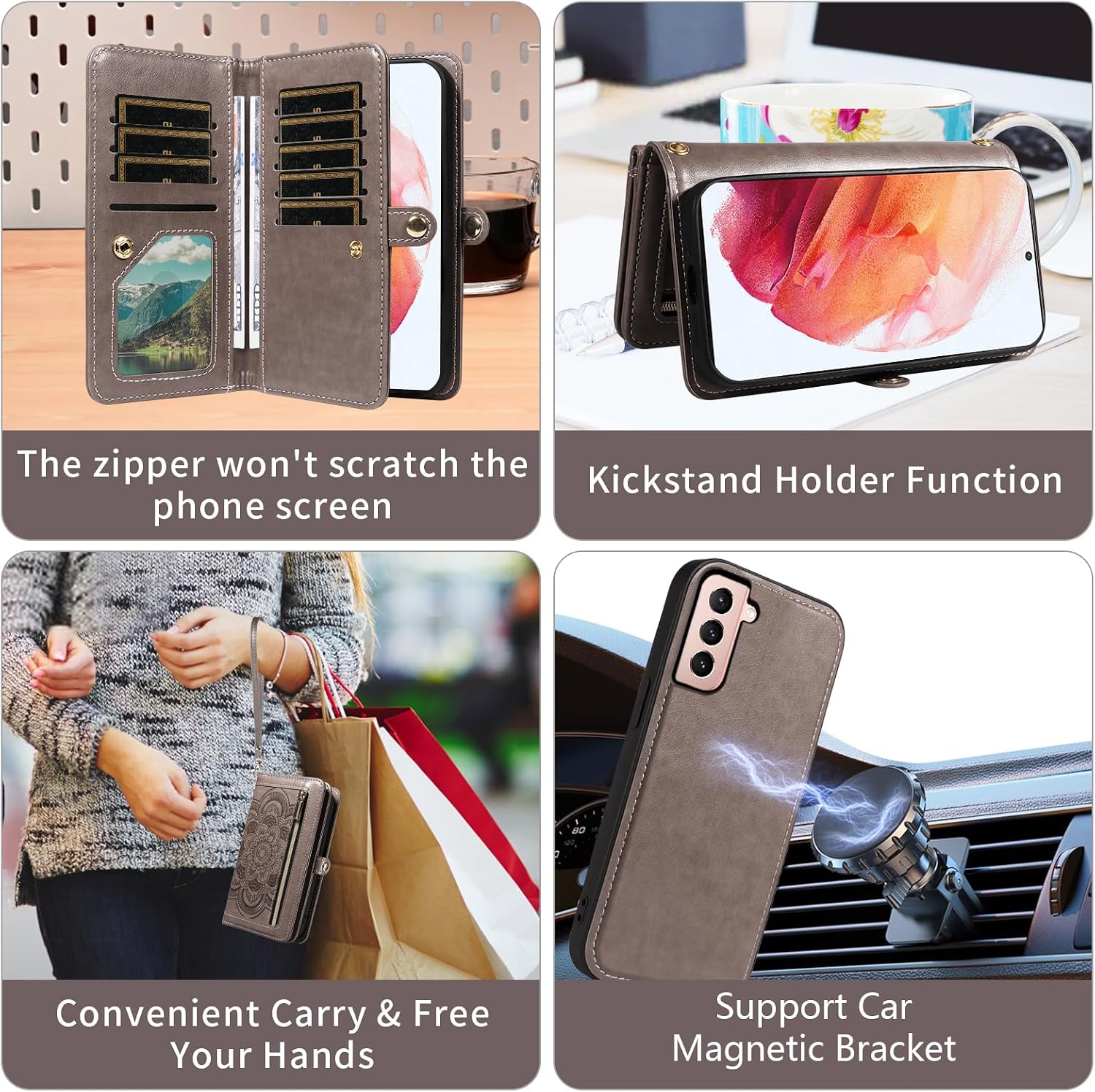 Asuwish Phone Case for Samsung Galaxy S21 5G 6.2 inch Zipper Wallet Magnetic Detachable Cell Cover with Tempered Glass Screen Protector Crossbody Strap Flower Credit Card Holder S 21 21S G5 Women Gray