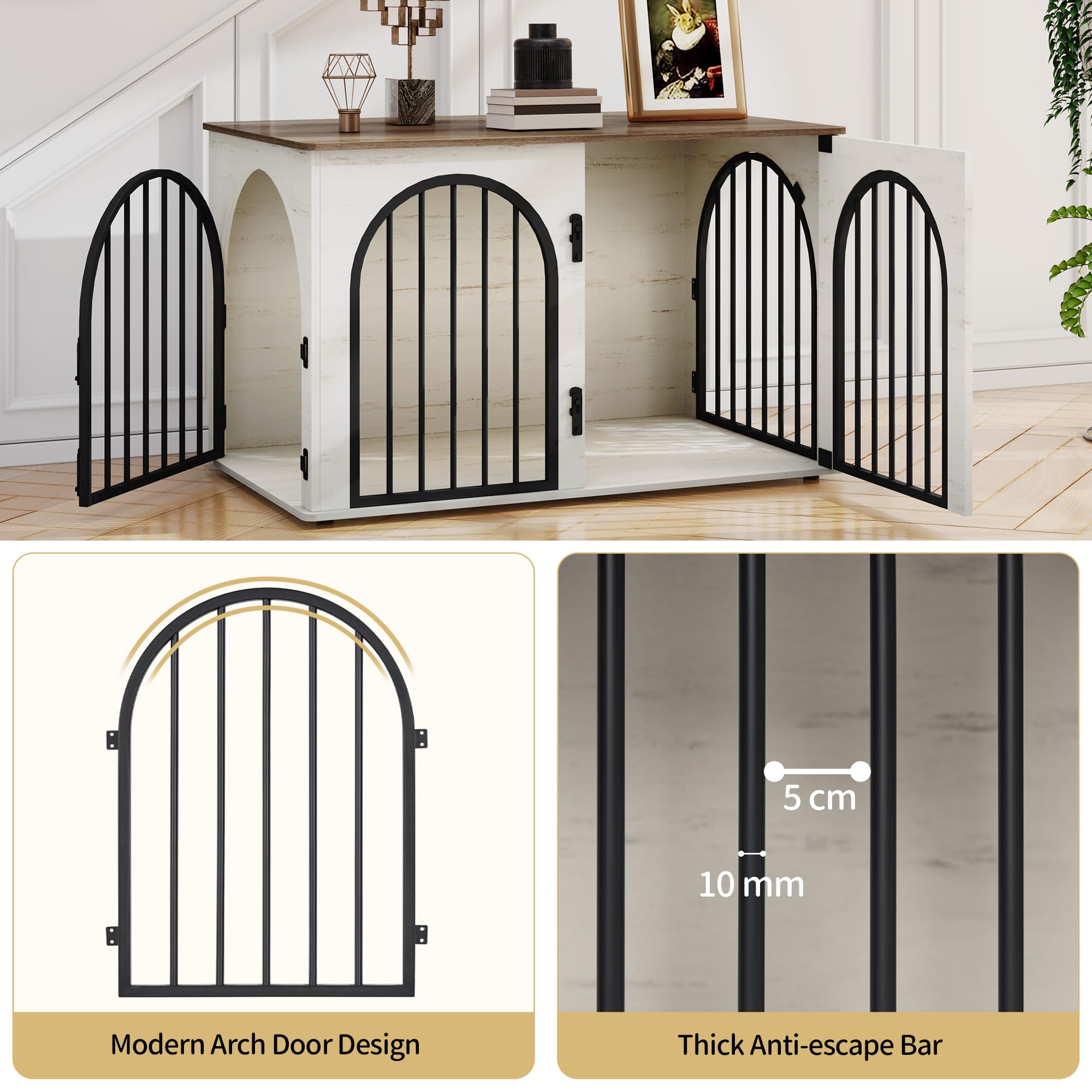 Hzuaneri Hundekäfig Möbel, 100cm Hundebox für Zuhause, 3 Türen, Bogentür, Moderne Hundebox Indoor für Hunde, Beistelltisch, Hundekäfig Hochbelastbar, 100 x 60 x 63 cm, Weiß Braun DFC84114B