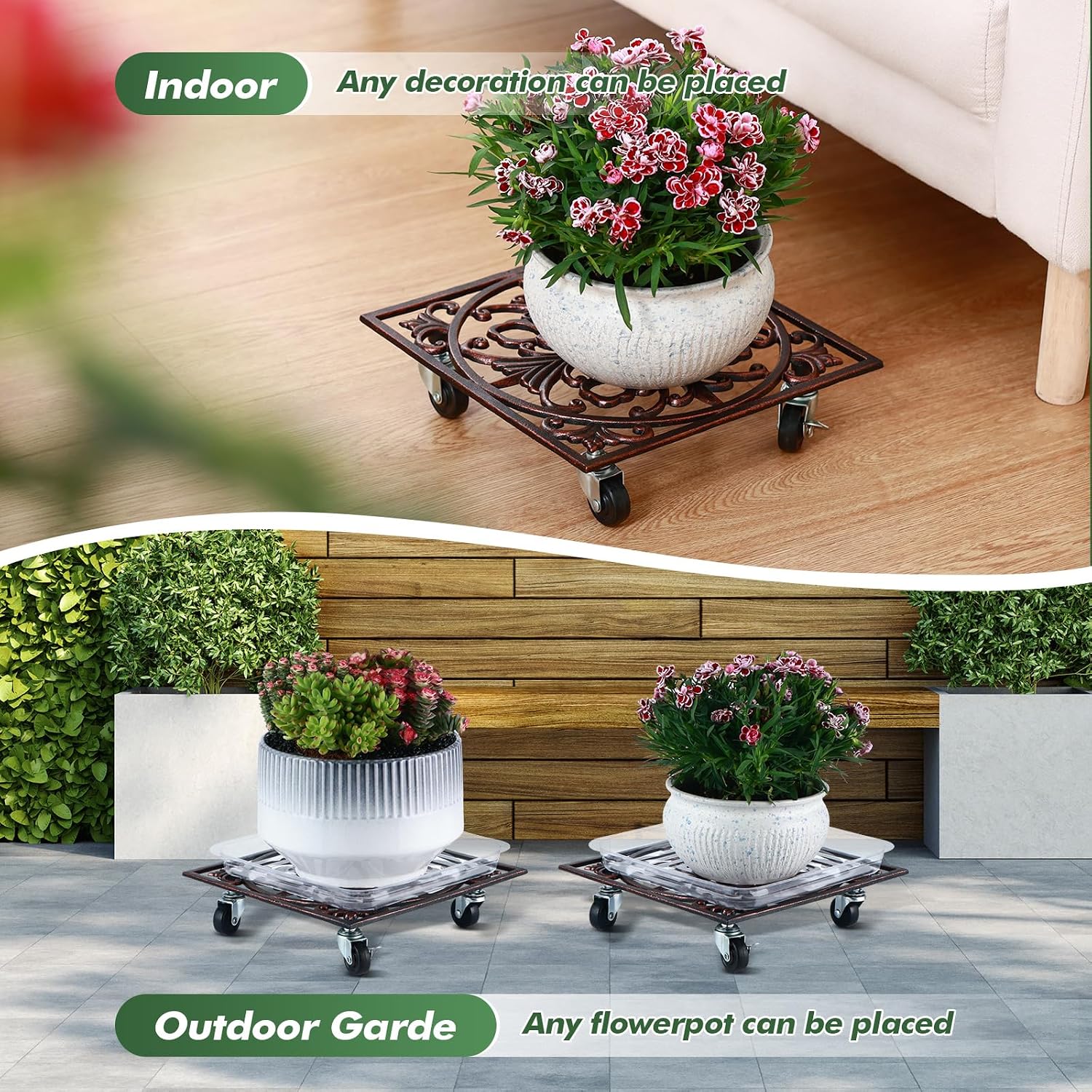 2 Packs 11.8" Square Metal Plant Caddy with Wheels Large Heavy-Duty Cast Iron Planter Dolly Pot Mover, Indoor Outdoor Vintage Rolling Plant Stands with Casters Wheeled Plant Roller Base, Bronze red