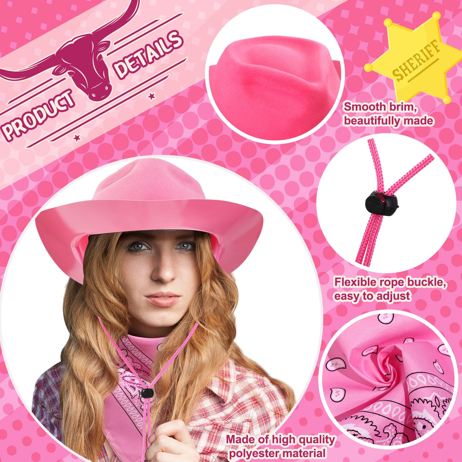 3649 48 Pack Cowboy Hats And Bandanas Set, Felt Plastic Cowgirl Hats For Women Hillban 48 Pack Cowboy Hats and Bandanas Set, Felt Plastic  main image 3