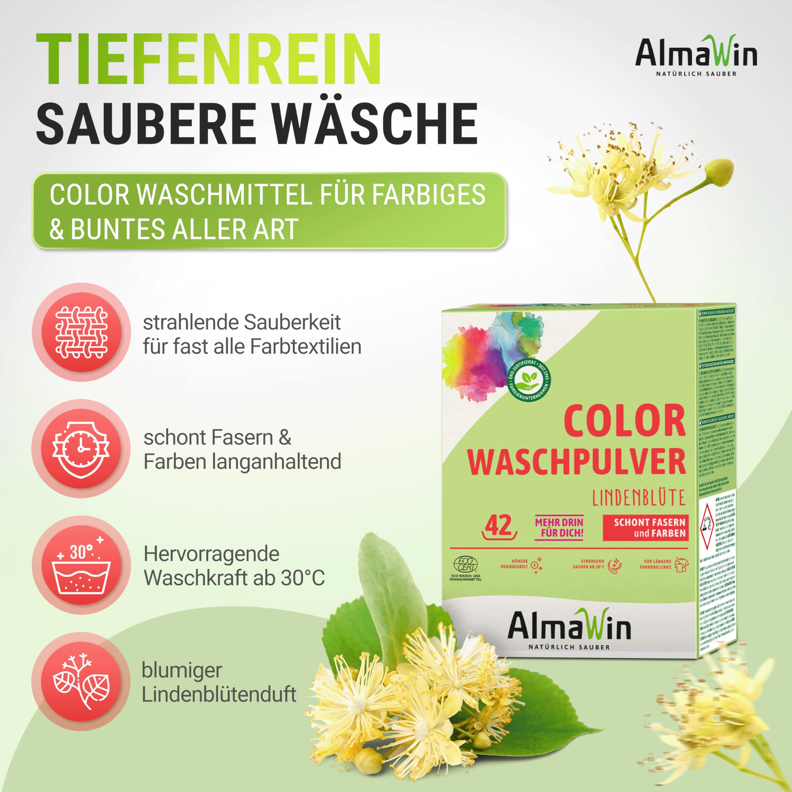 AlmaWin Color Lessive en poudre Fleur de tilleul 2 kg, 42 lavages, végétalien