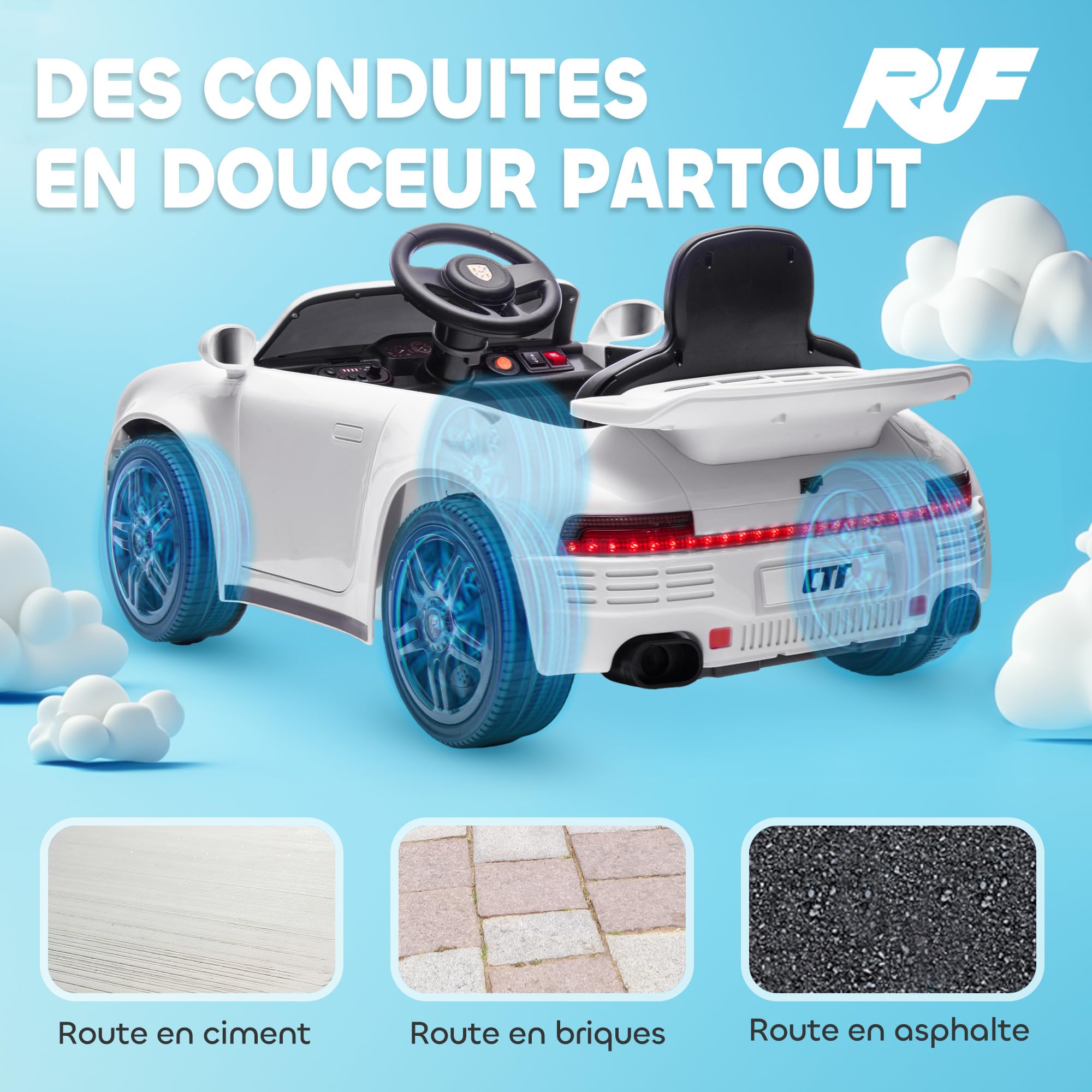 AIYAPLAY Voiture Électrique Enfants sous Licence RUF CTR 2017 12V Blanc | Véhicule Électrique, Télécommande 2,4G, Phares, Musique, Klaxon, Démarrage Lent, pour 3 à 6 Ans