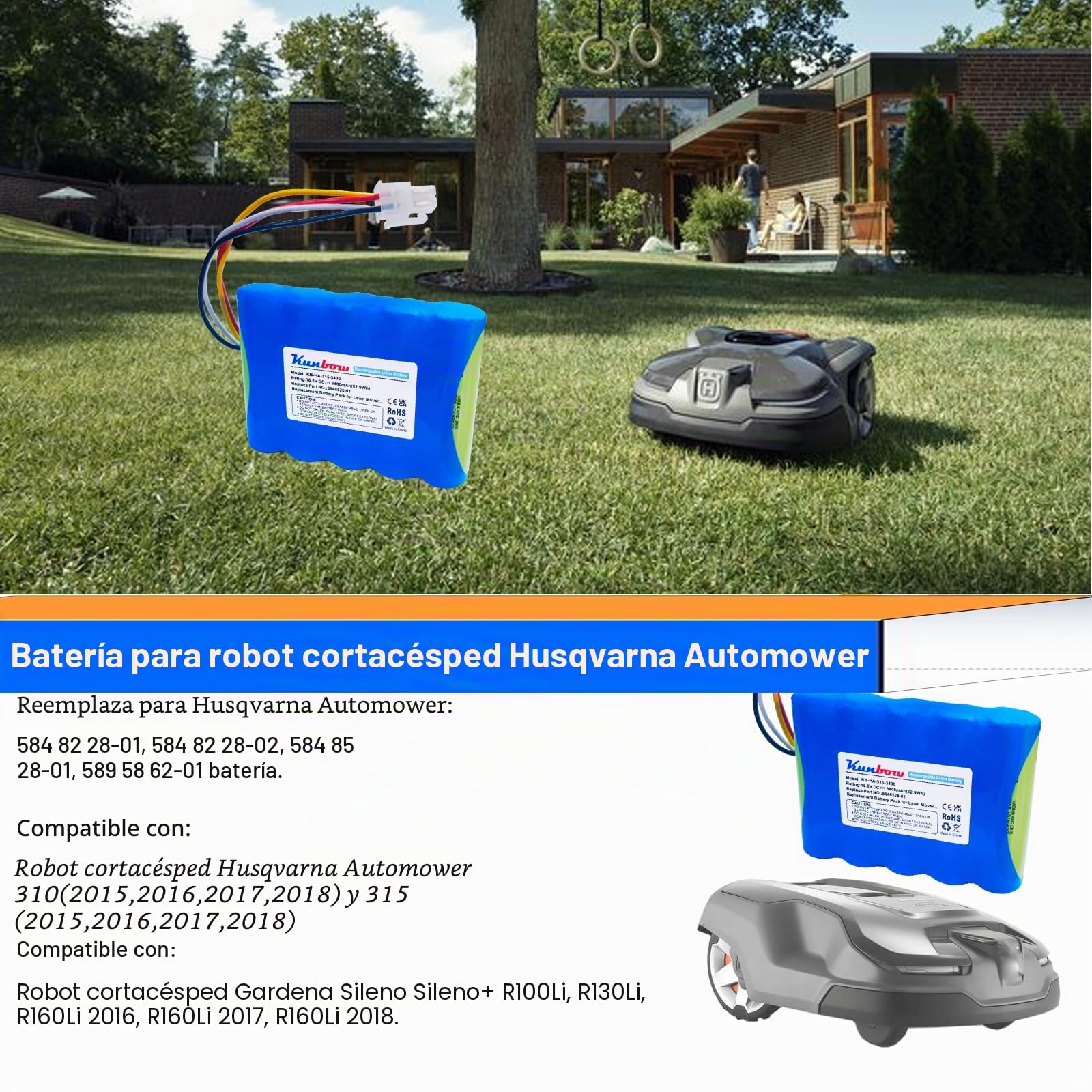 Batería de repuesto para robot cortacésped Husqvarna Automower 310,315,5848228-01,5848228-02,5848528-01, 5895862-01, compatible con Gardena Sileno R100Li, R130Li, R166 0Li césped rojo Bot.