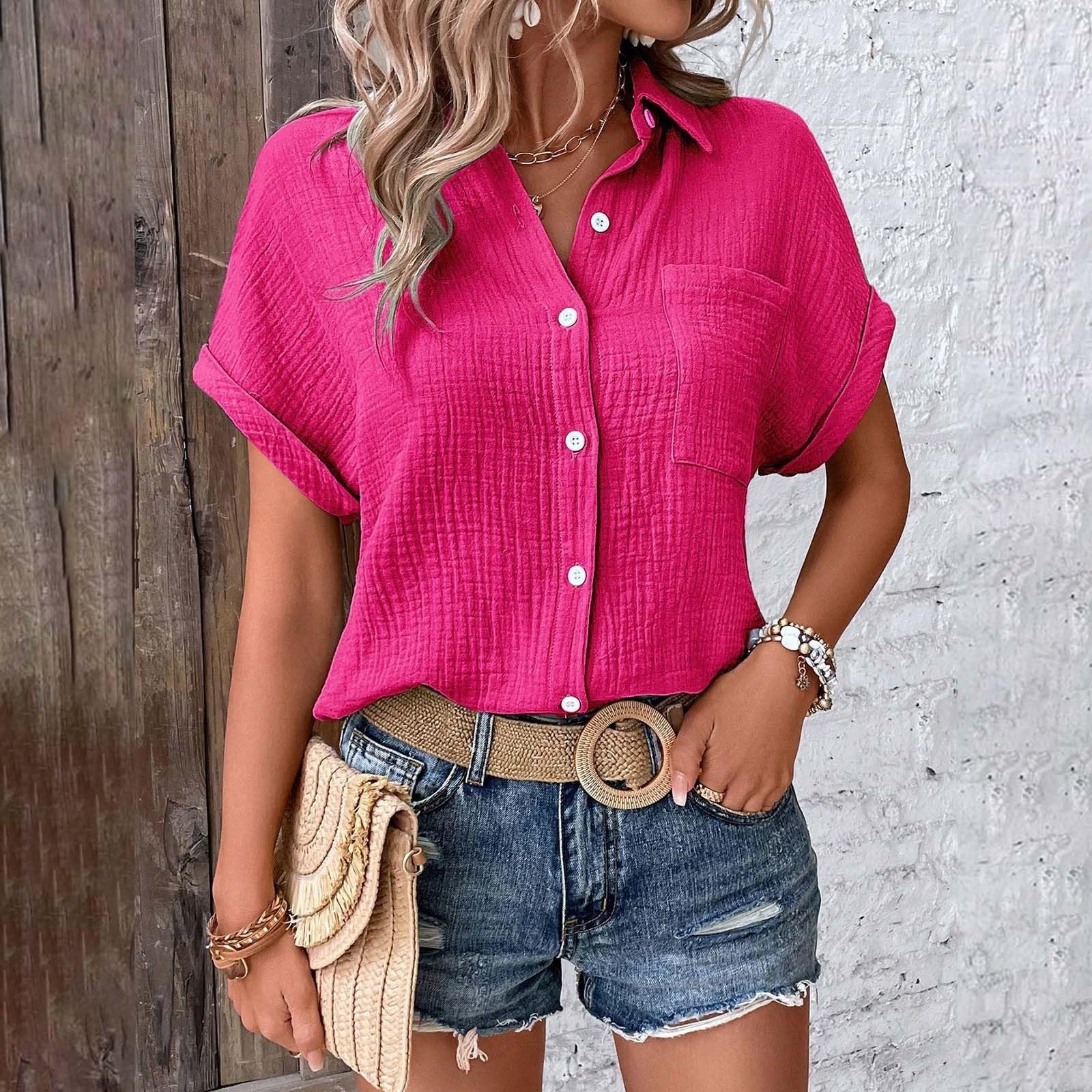 Générique Chemisier Femme Été Manche Courte – Col en V Boutons, Chemise Coton Lin Bureau Travail, Tunique Lâche T-Shirt Respirant Plage Top
